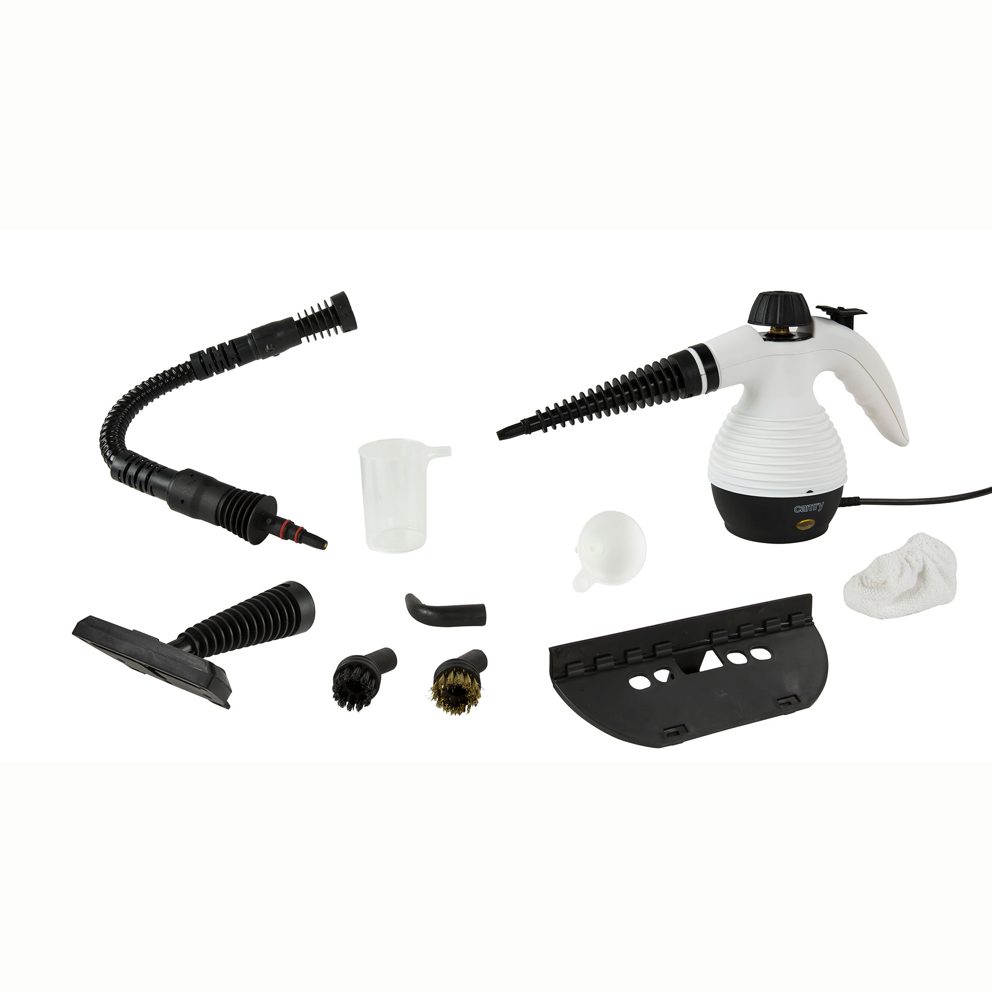 Różne akcesoria do czyszczenia parą rozłożone na białej powierzchni.