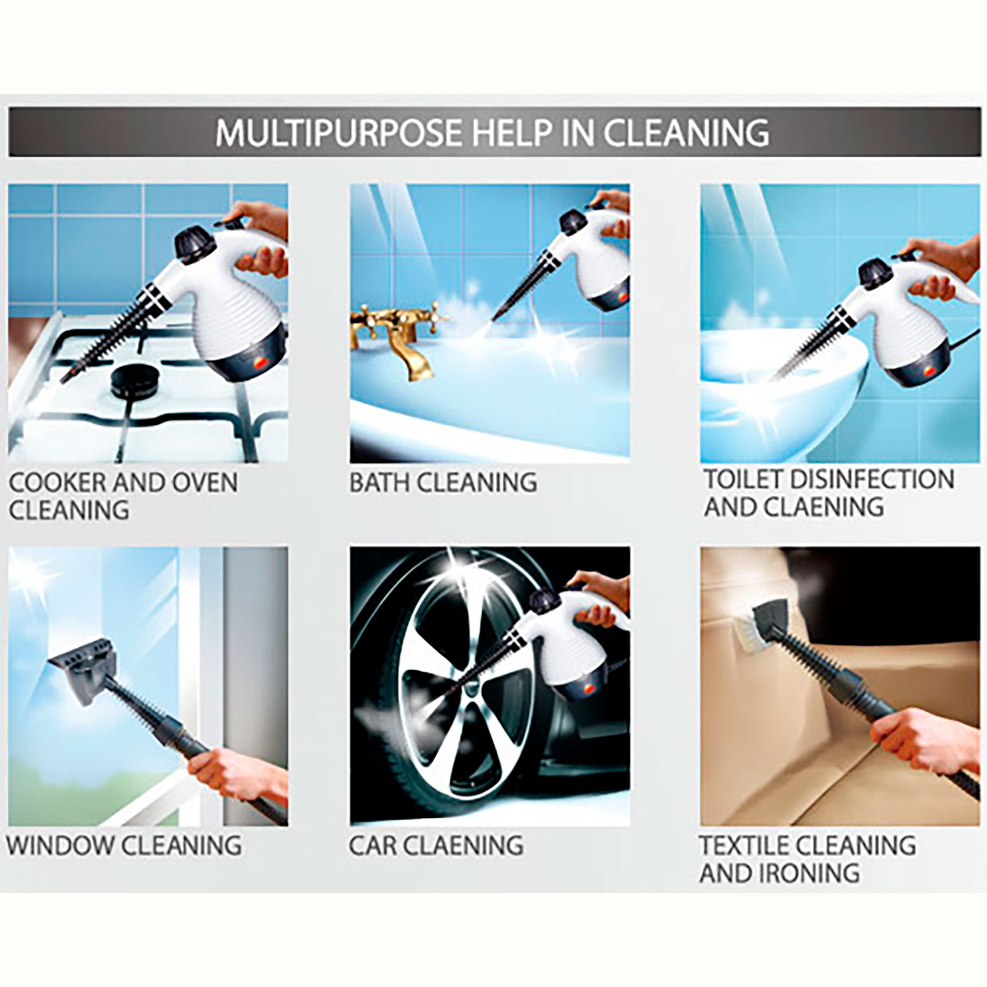 Obraz pokazujący różne narzędzia czyszczące w użyciu: kuchenka, wanna, toaleta, okna, samochód i tekstylia.