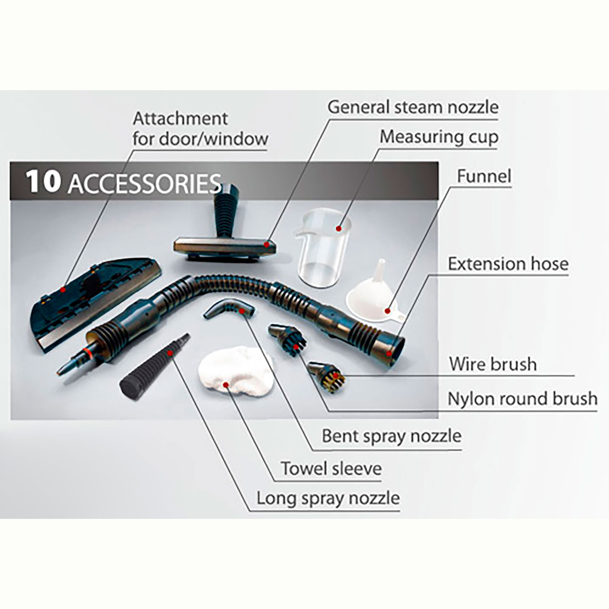 Akcesoria do czyszczenia parą na białym tle. 10 akcesoriów oznaczonych.