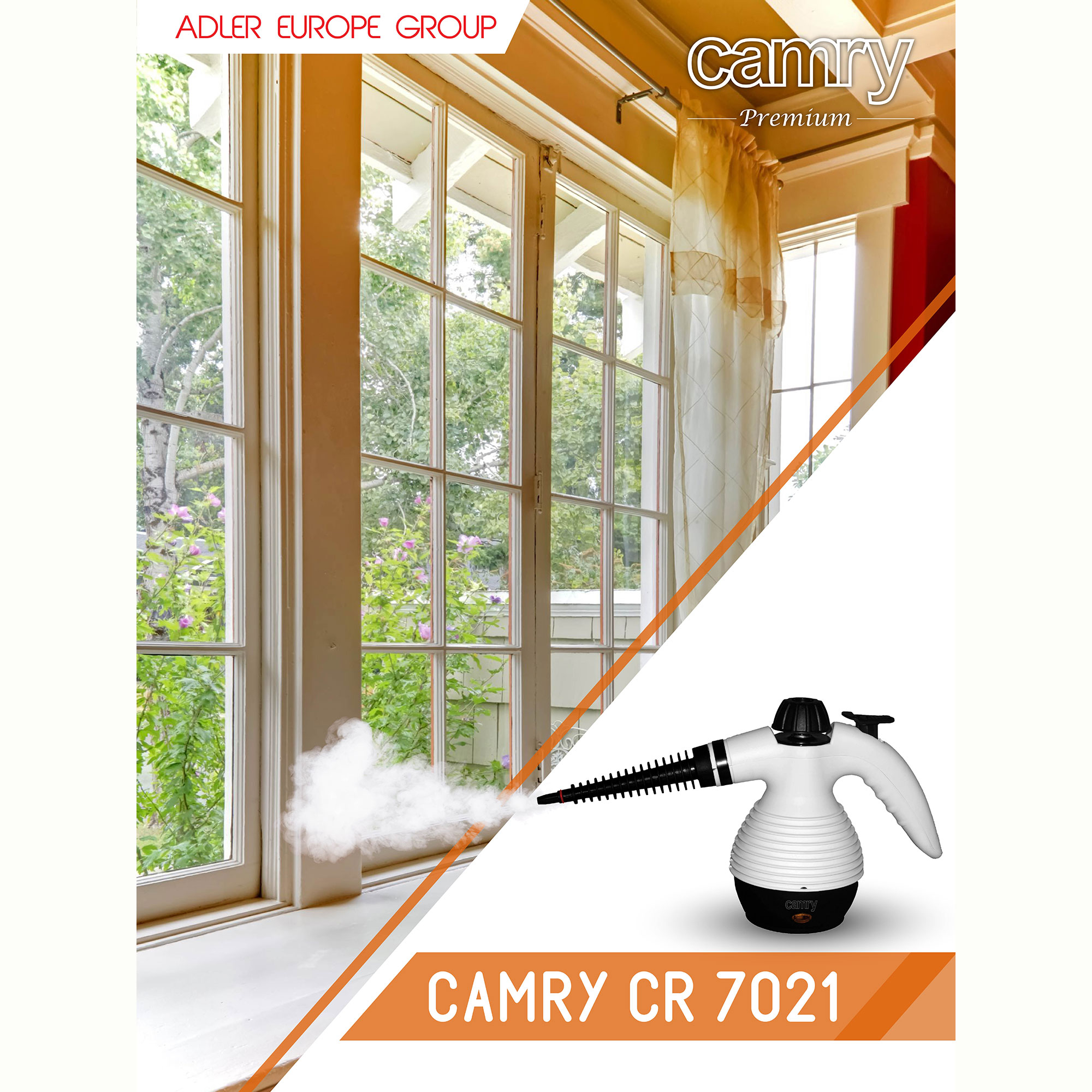 Biało-czarny parownik z parą, przed dużym oknem.