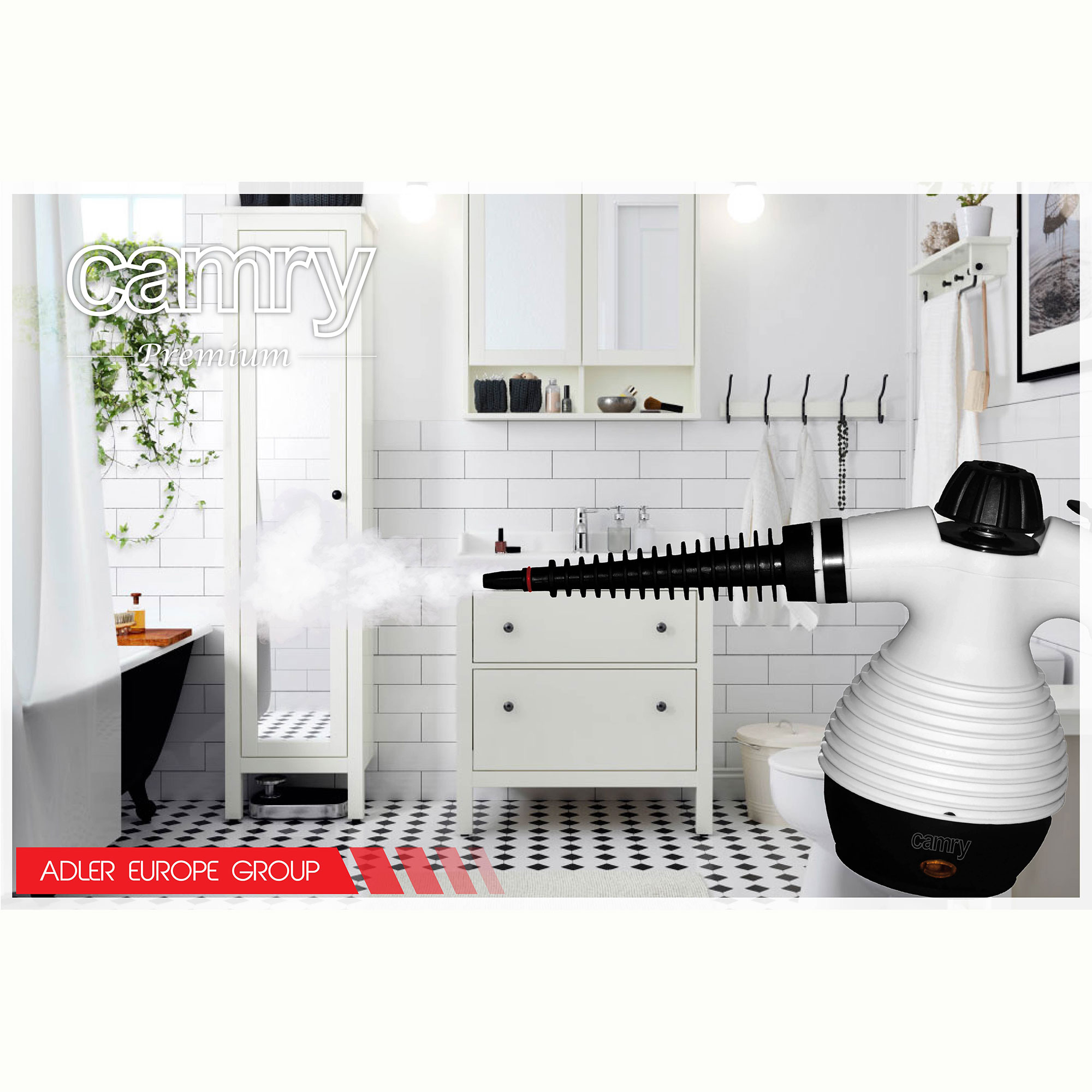 Oczyszczacz parowy w łazience. Białe płytki, lustro i armatura. Widoczna para.