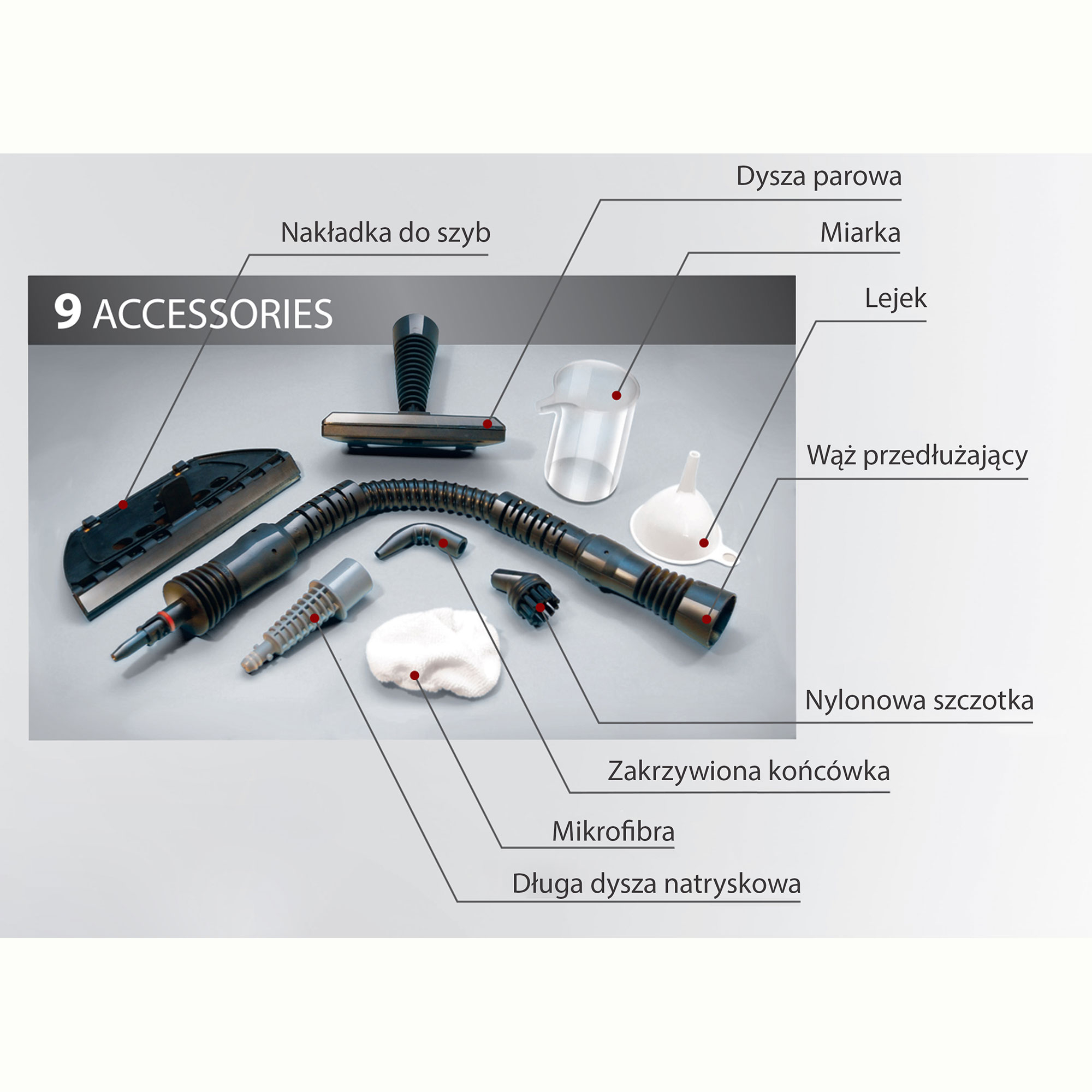 Dziewięć akcesoriów do czyszczenia parą z etykietami. Zawiera dysze, szczotki i lejek.