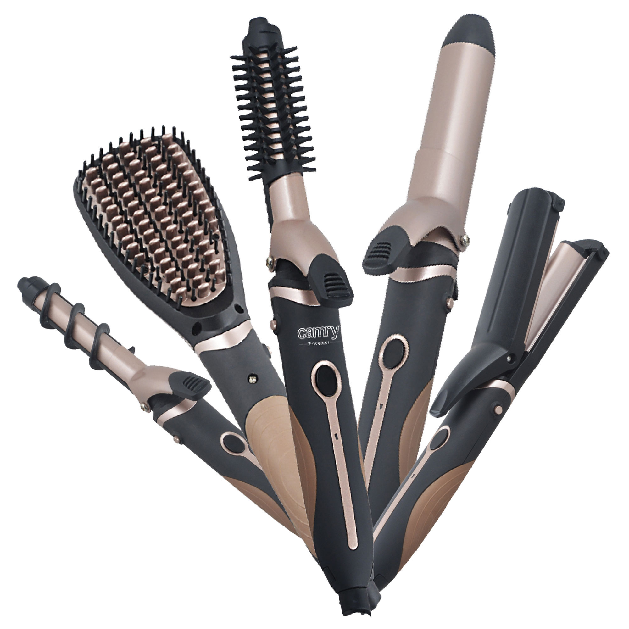 Cinco herramientas para peinar el cabello, incluyendo un cepillo, rizadores y una plancha sobre fondo blanco.