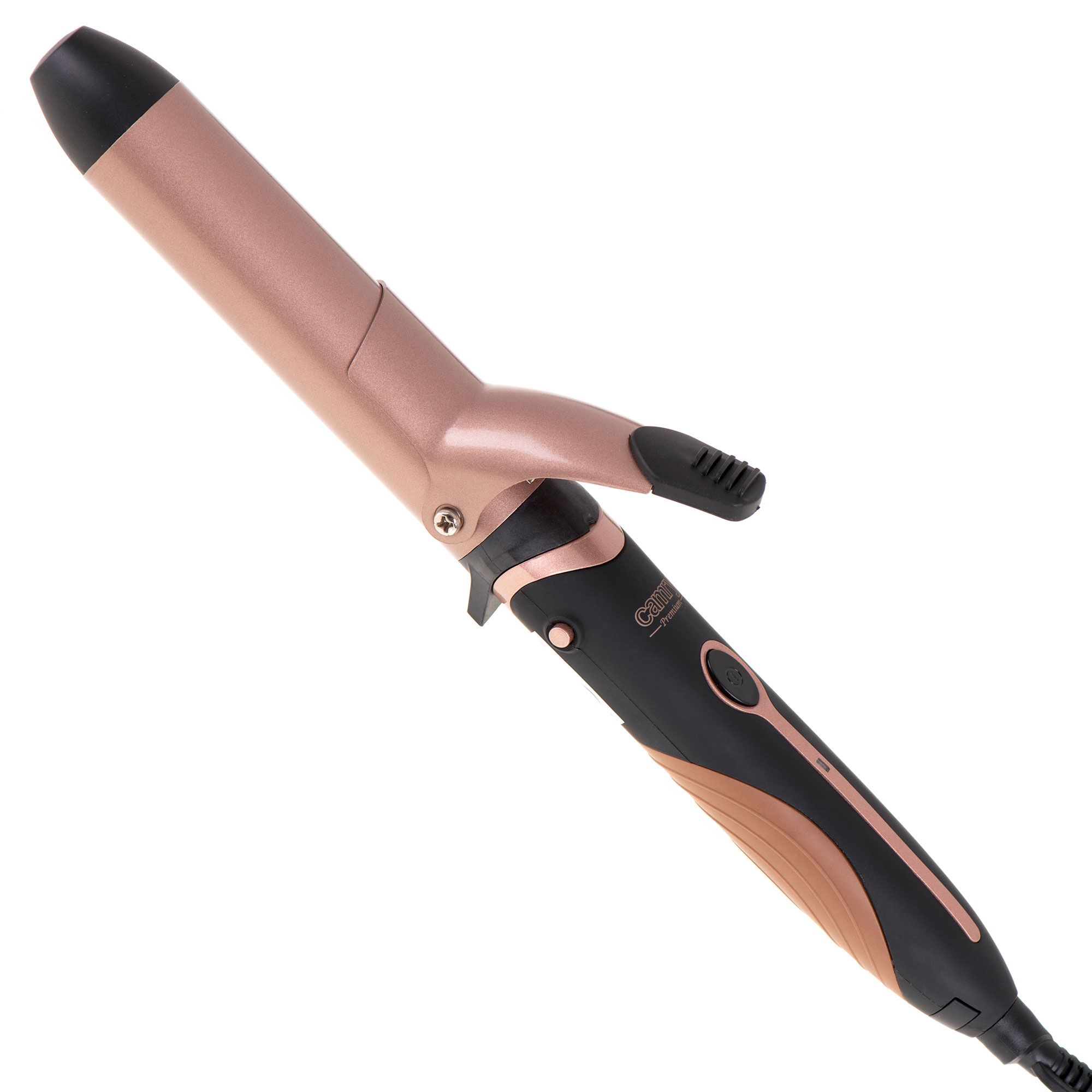 Rizador de pelo oro rosa. Mango negro, barril oro rosa. Cable negro.