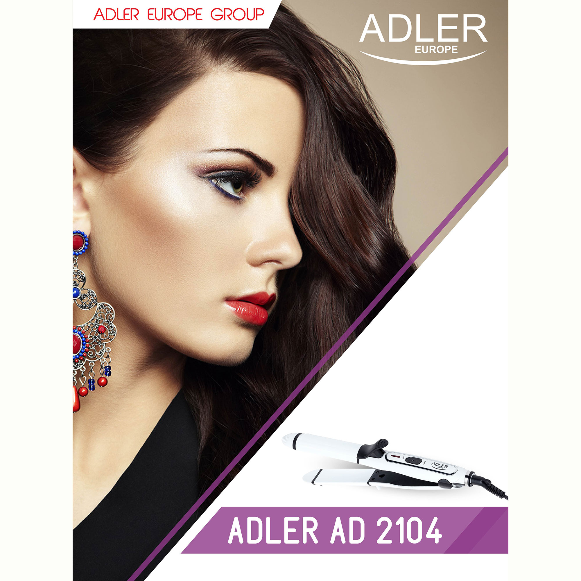 Mujer con maquillaje y pendientes. Anuncio de producto con rizador de pelo y logo.