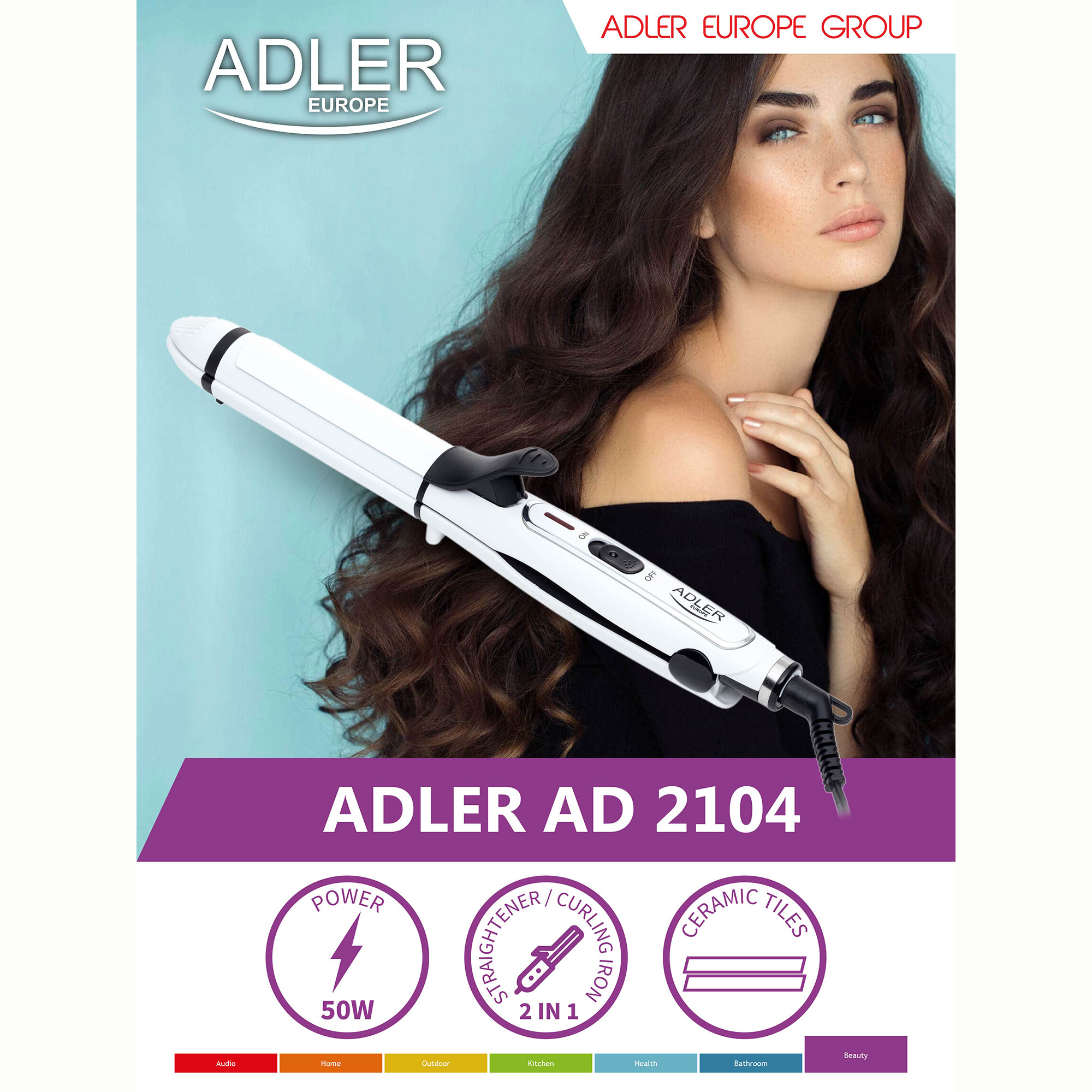 Mujer sosteniendo plancha para el pelo blanca. Infografía del producto con texto e iconos. Fondo azul.
