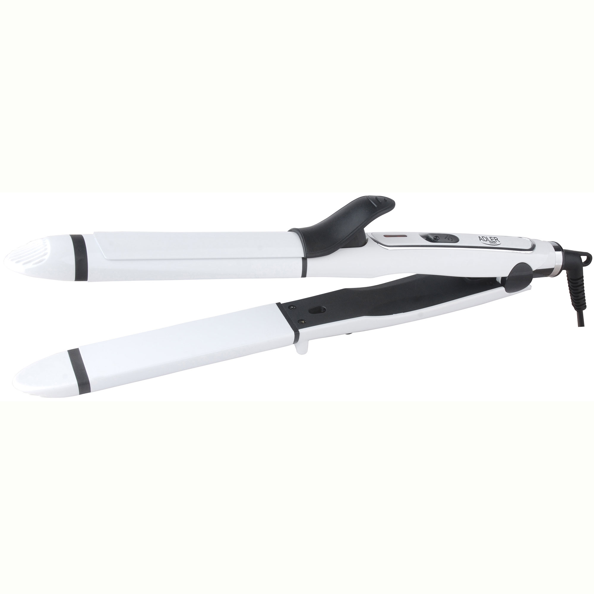 Plancha de pelo blanca y negra, abierta.
