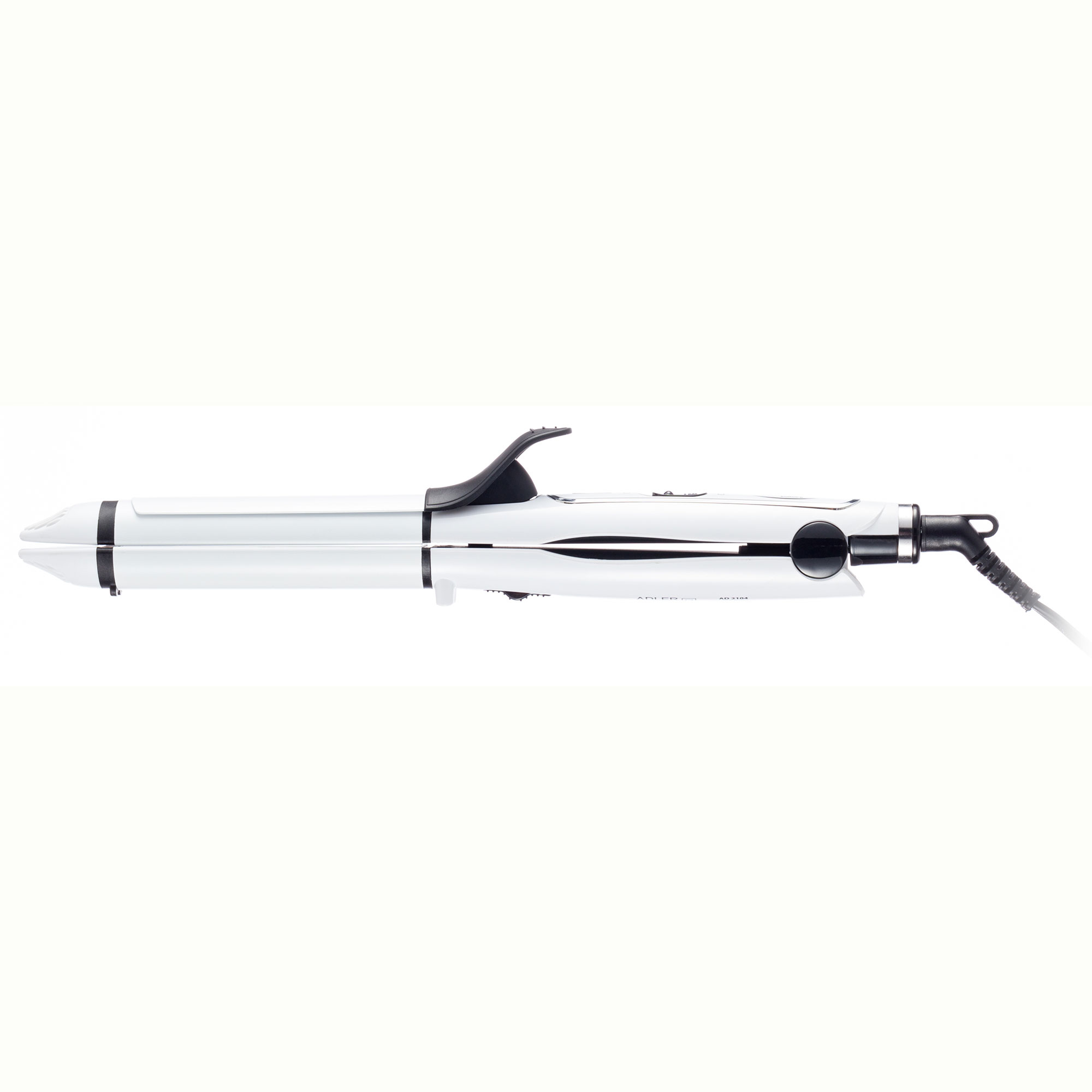 Plancha para el cabello blanca con detalles negros, aislada sobre fondo blanco.