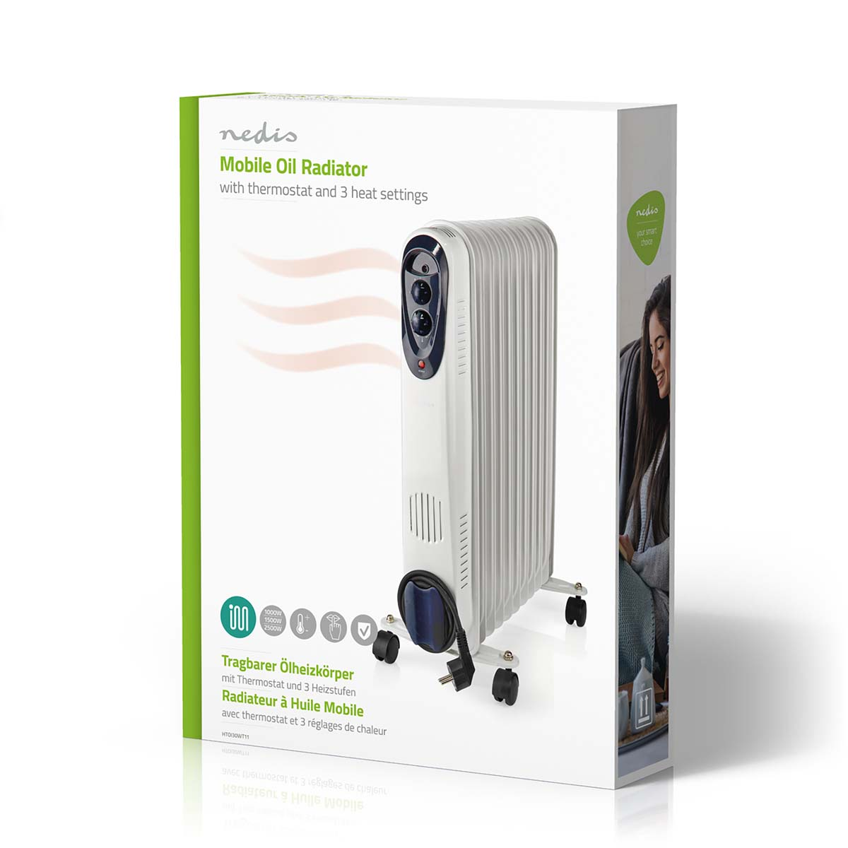 Ölradiator in einer Box. Weißer Heizkörper, schwarze Räder, grüne Box.