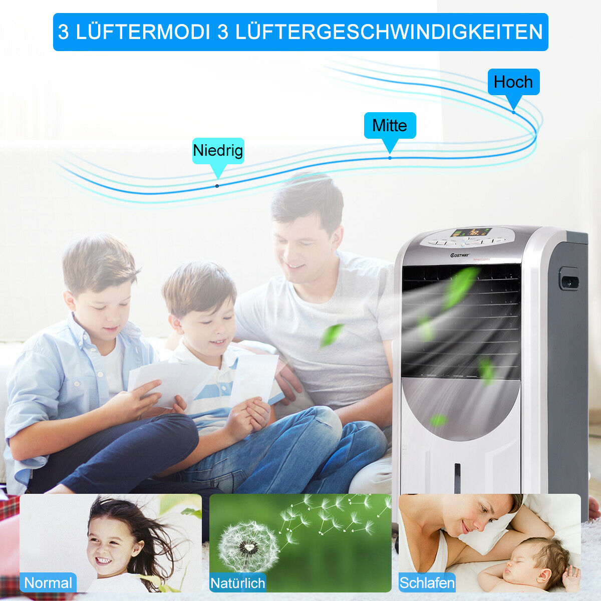 Menschen und ein Luftkühler mit 3 Modi, beschriftet: Niedrig, Mittel, Hoch. Naturszenen.