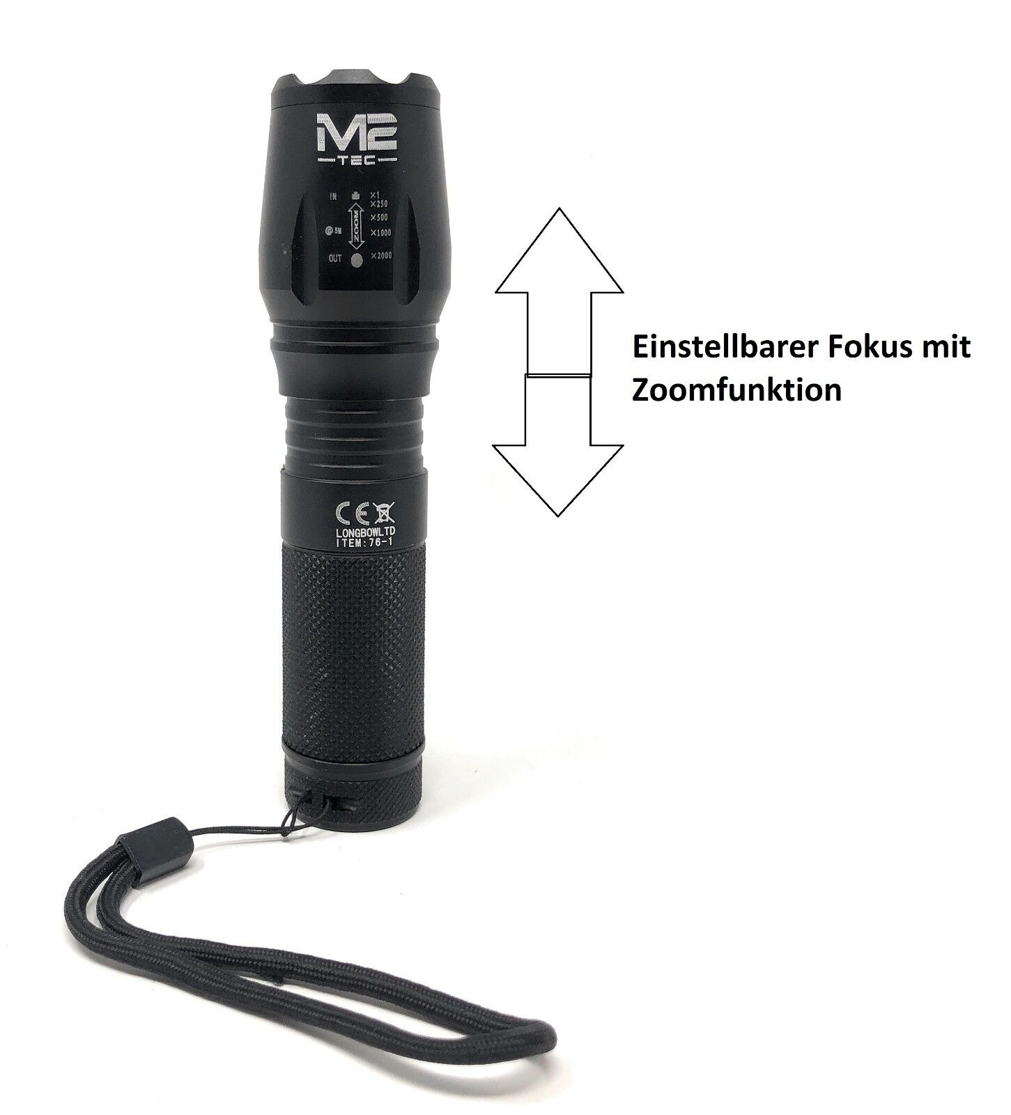 Eine schwarze Taschenlampe mit einstellbaren Fokuseinstellungen, die eine Zoomfunktion zeigt. Die Taschenlampe hat eine Handschlaufe.