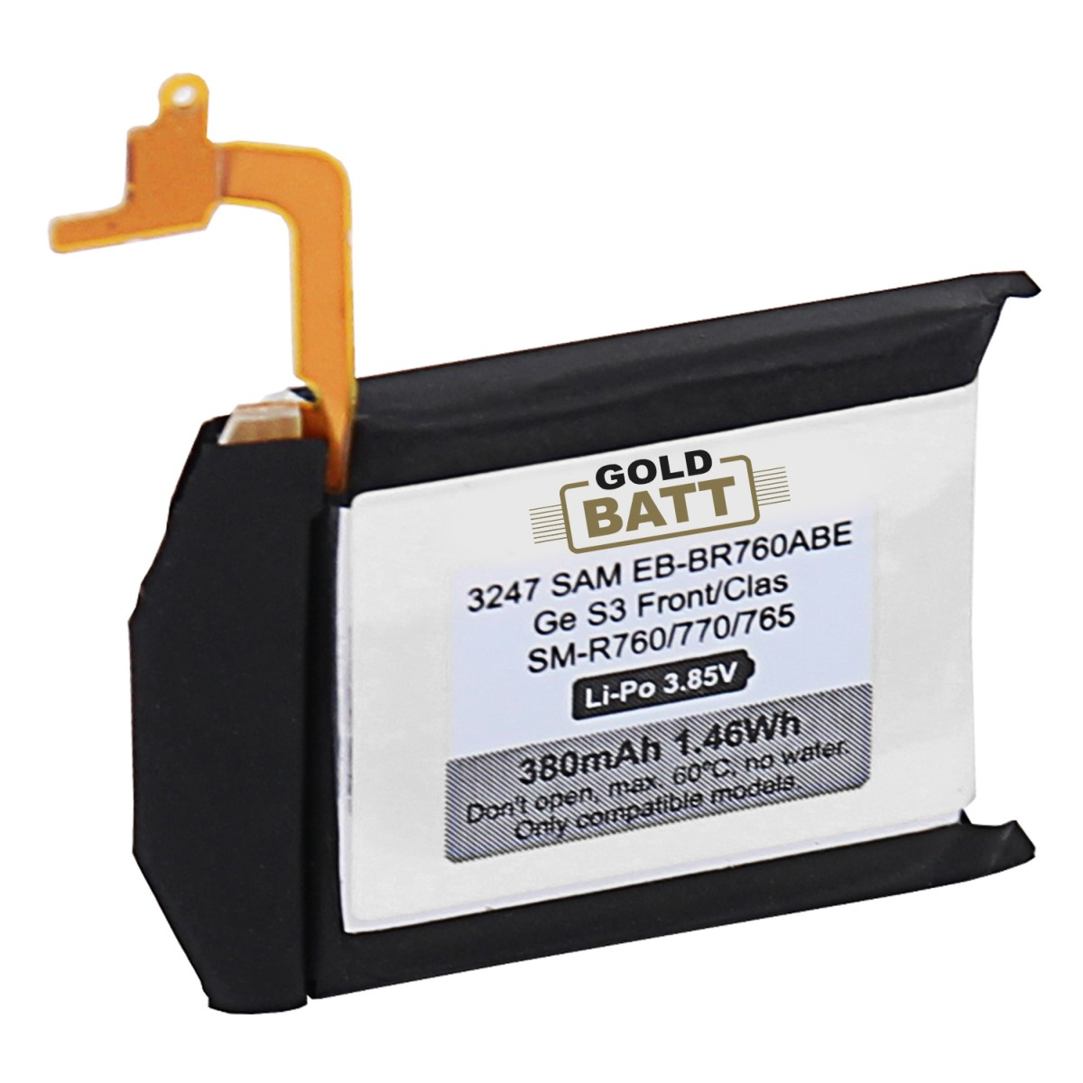 Schwarzer Akku mit Etikett. Text: GOLD BATT, 3247 SAM EB-BR760ABE, SM-R760/770/765, Li-Po 3.85V.