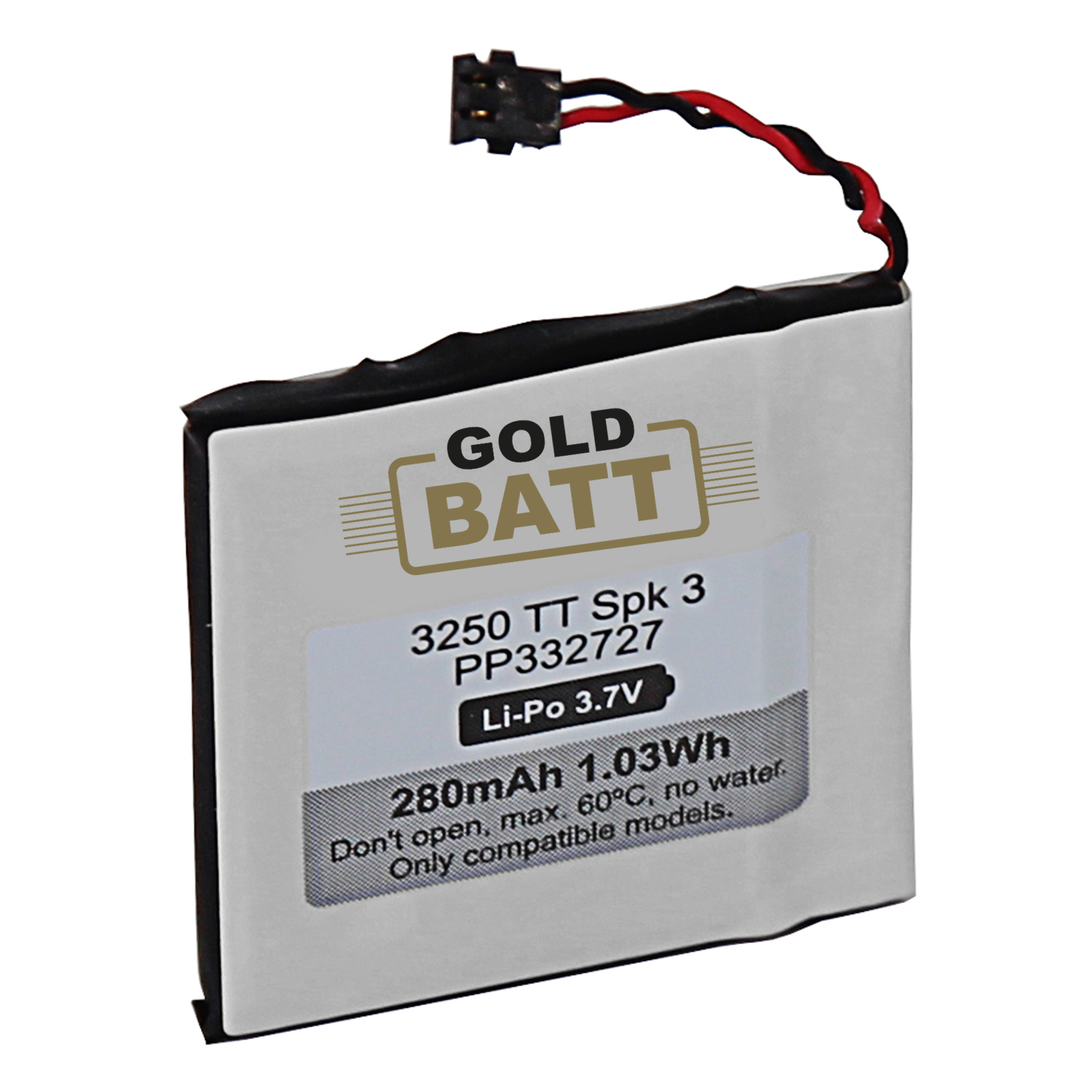 Eine weiß-schwarze Batterie mit Etikett, auf weißem Hintergrund.