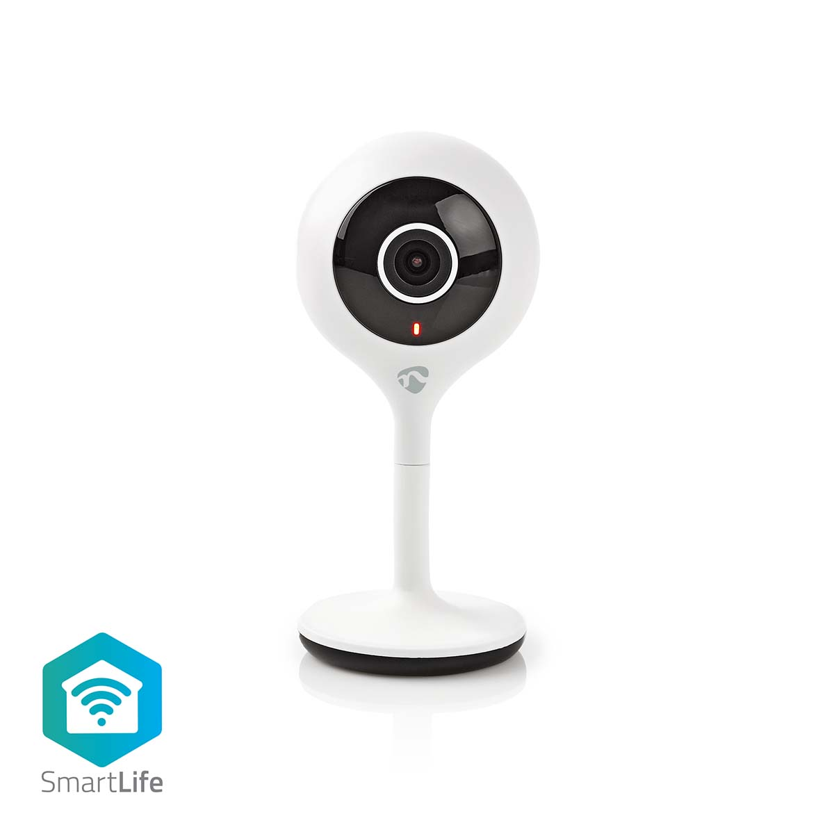 Telecamera smart home bianca su un supporto. Lente nera, luce rossa e logo wifi.