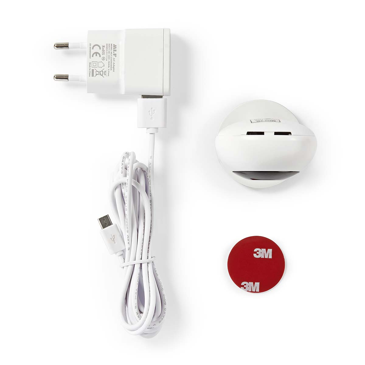 Caricabatterie bianco con cavo USB, piccolo dispositivo bianco e cerchio adesivo rosso.
