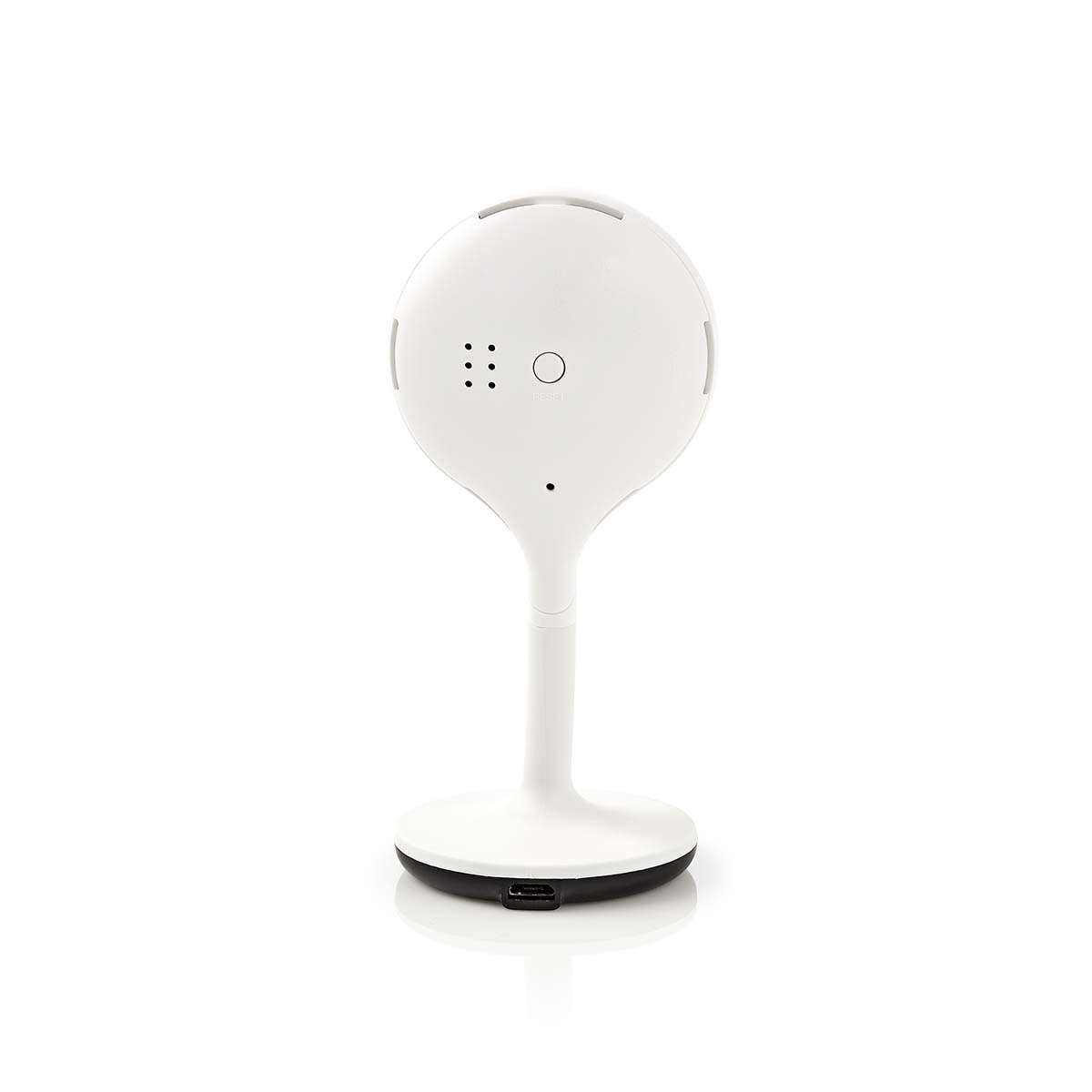 Un baby monitor bianco con parte superiore arrotondata e supporto, su sfondo bianco.