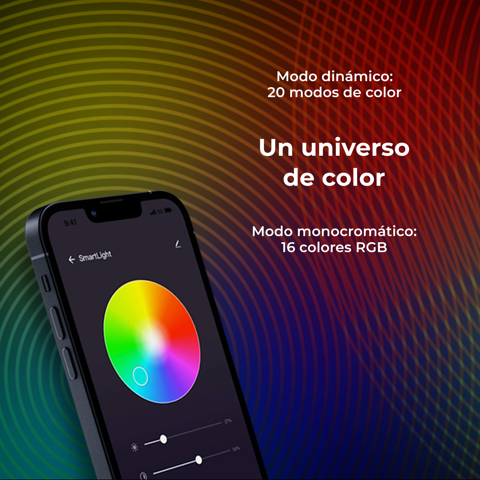 Smartfon wyświetla koło kolorów z tekstem o trybach i opcjach kolorów.