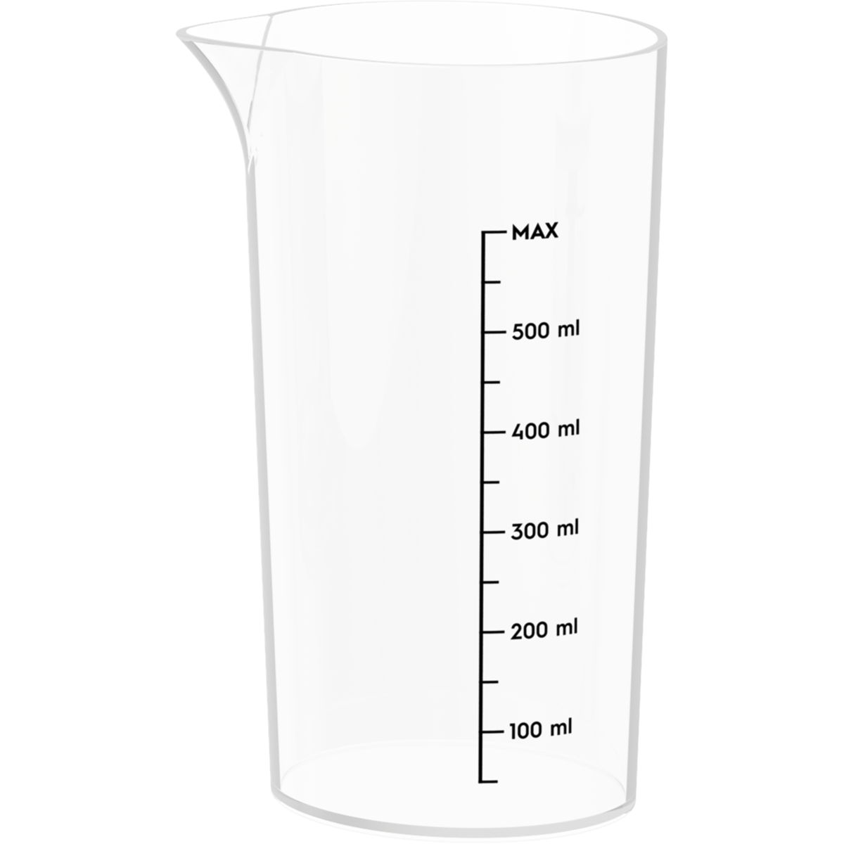 Ein klarer Messbecher mit schwarzen Markierungen, die Milliliter anzeigen.