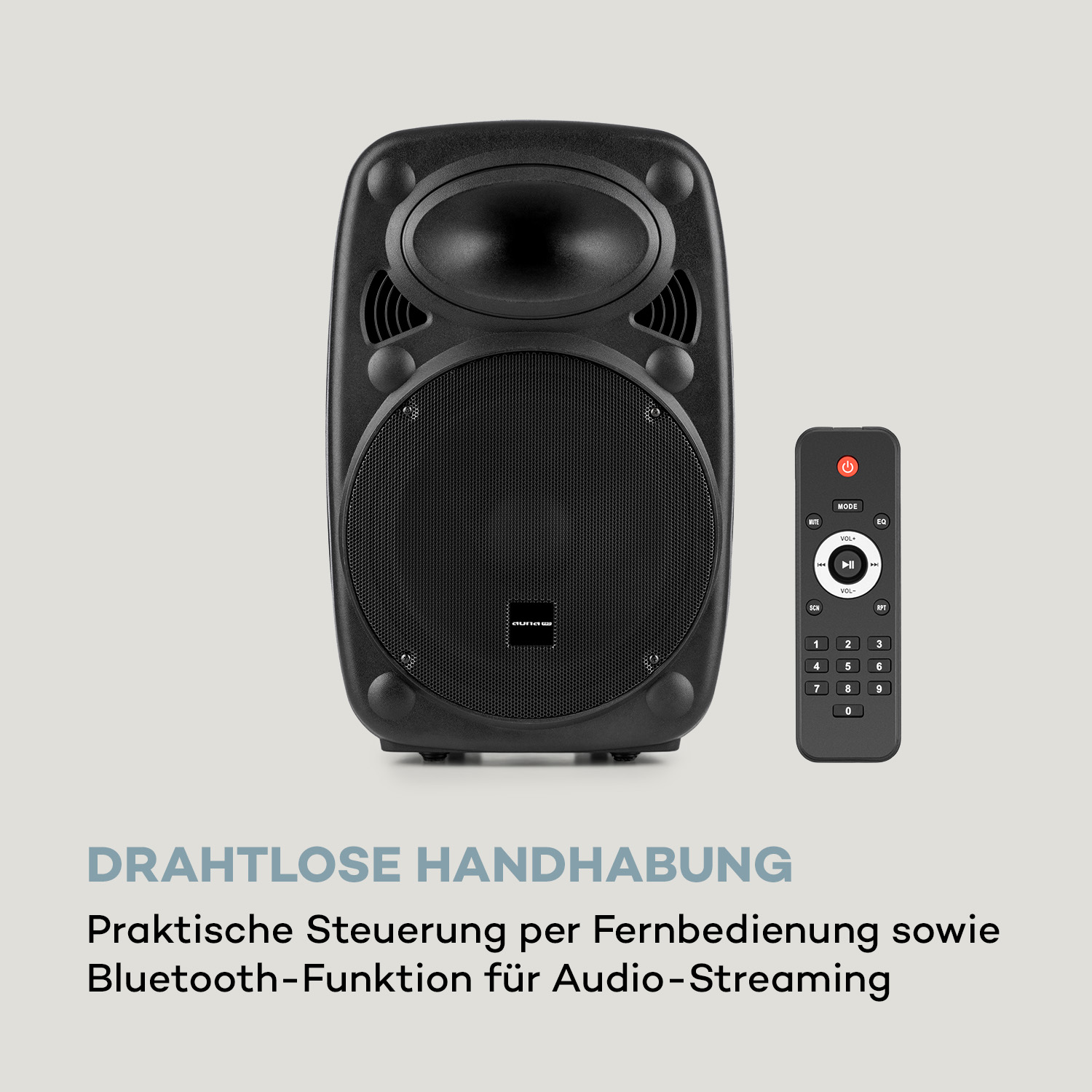 Schwarzer Lautsprecher mit Fernbedienung. Text unten: drahtlose Bedienung, Fernbedienung und Bluetooth-Audiostreaming.