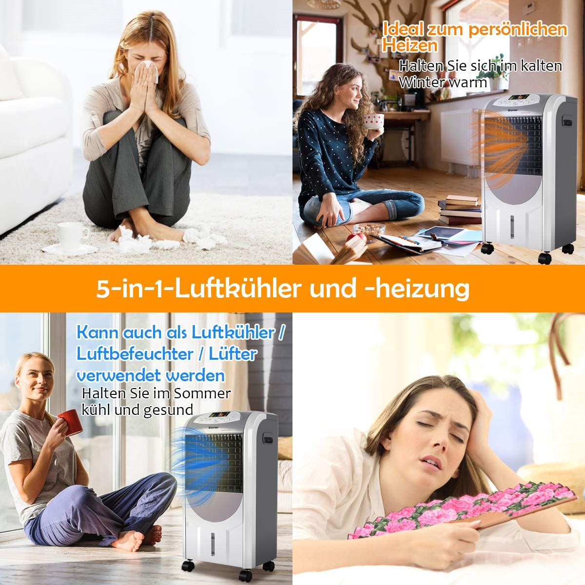 Ein geteiltes Bild mit Menschen mit einem Kühler/Heizgerät, Text und einer Kühl-/Heizmaschine.