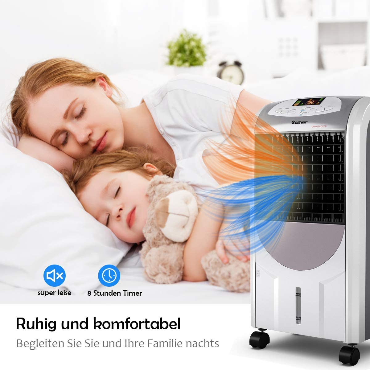 Frau und Kind schlafen in der Nähe eines Kühlventilators. Der Ventilator hat blauen und orangenen Luftstrom.