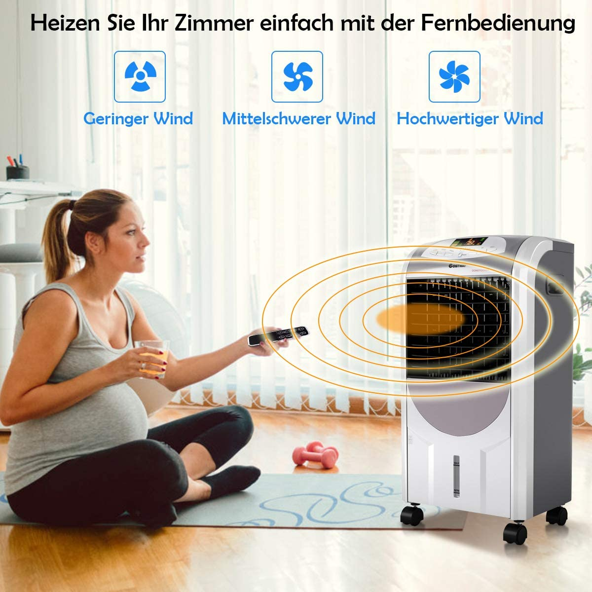 Frau benutzt Fernbedienung, in der Nähe eines Kühlers mit Lüftersymbolen. Frau sitzt neben Kühler.