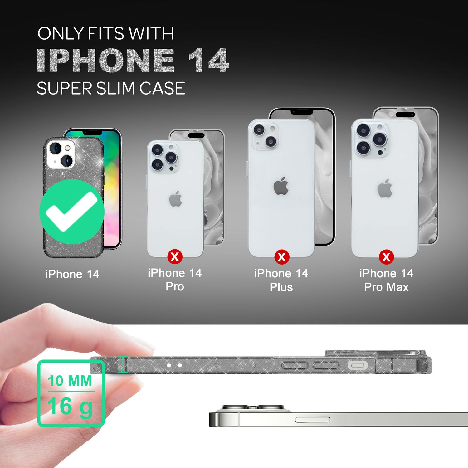 Imagen muestra fundas y modelos de iPhone 14, con una funda en un teléfono. El texto indica que la funda solo se adapta al iPhone 14.