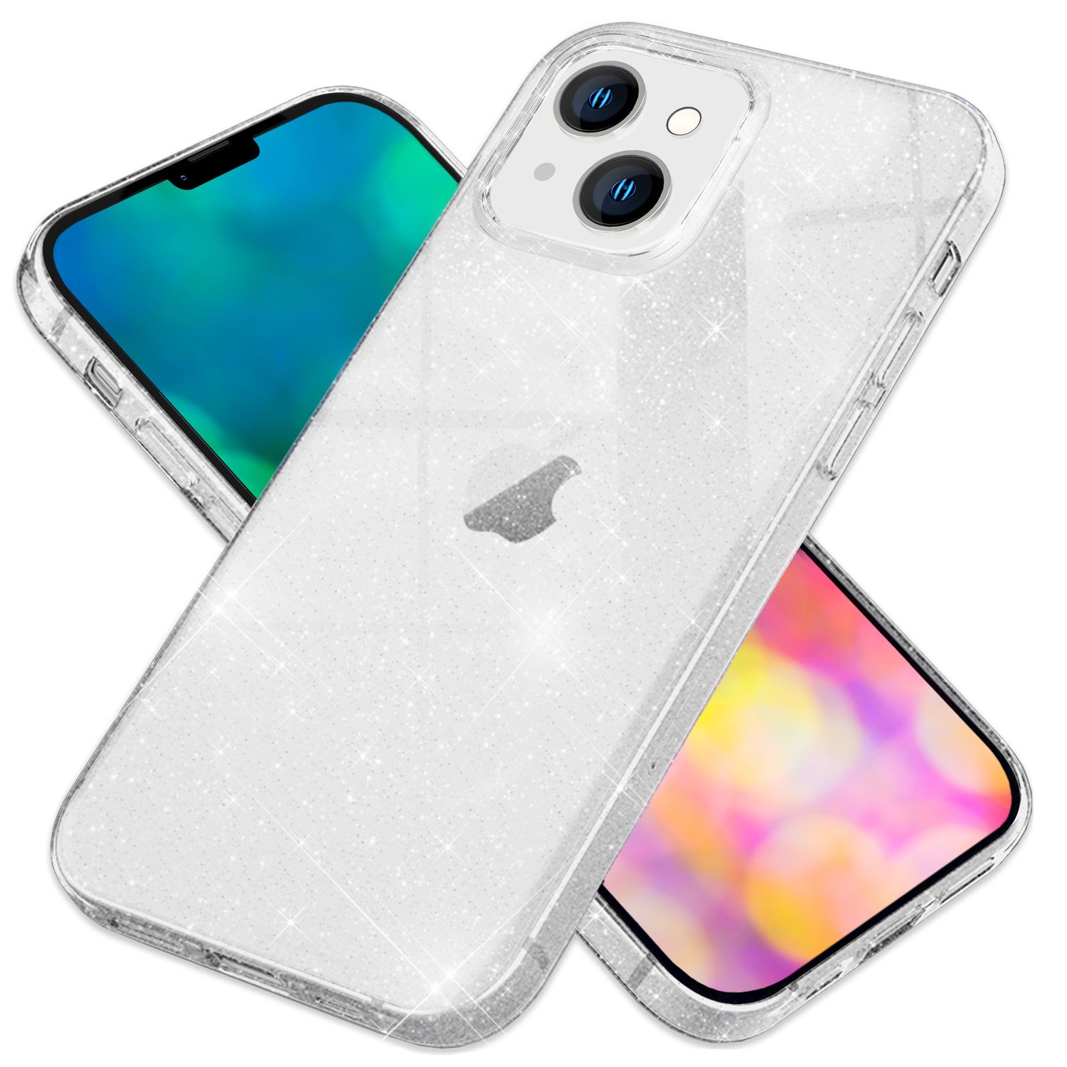 Dos teléfonos; uno en funda transparente con purpurina, otro con fondo verde y rosa.