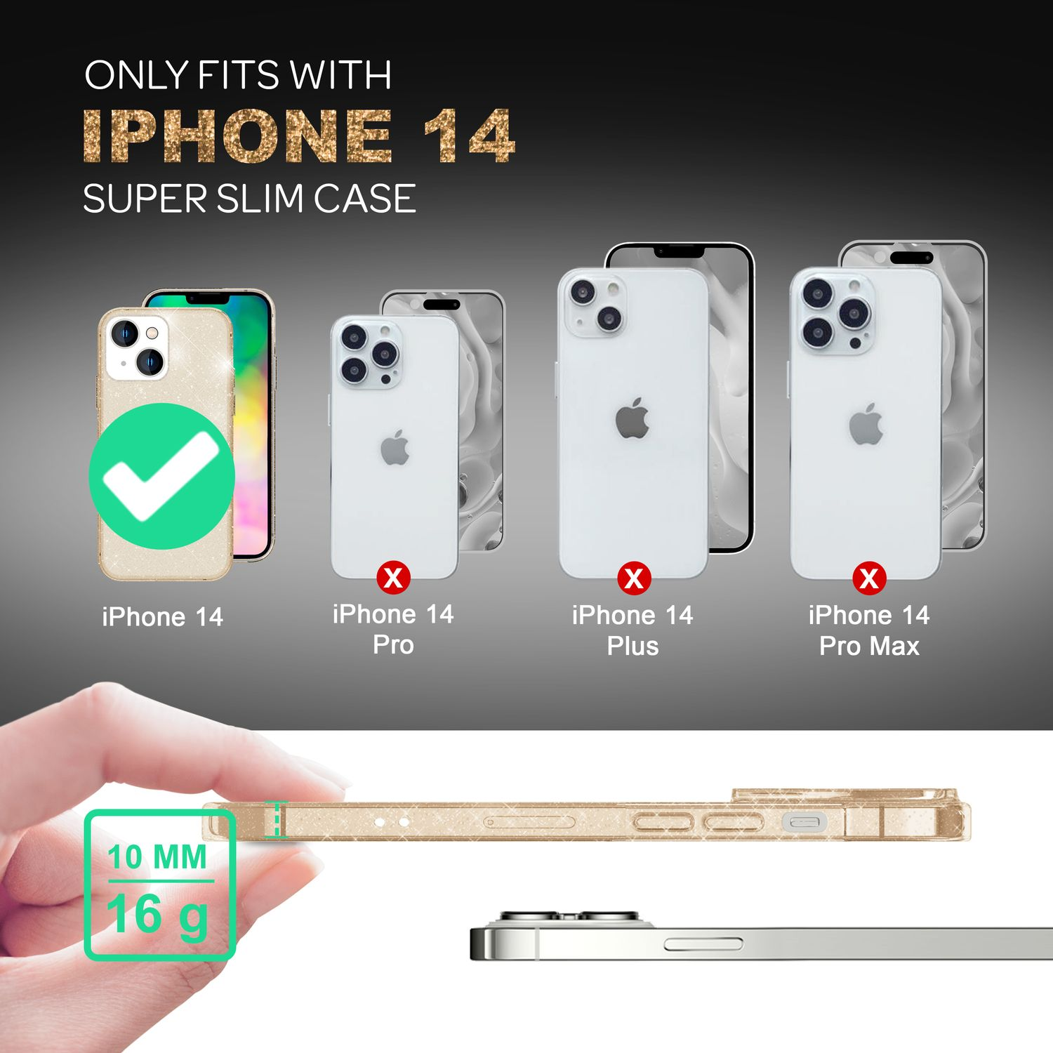 Una funda para iPhone 14, que muestra la compatibilidad con iPhone 14 y no con otros modelos.