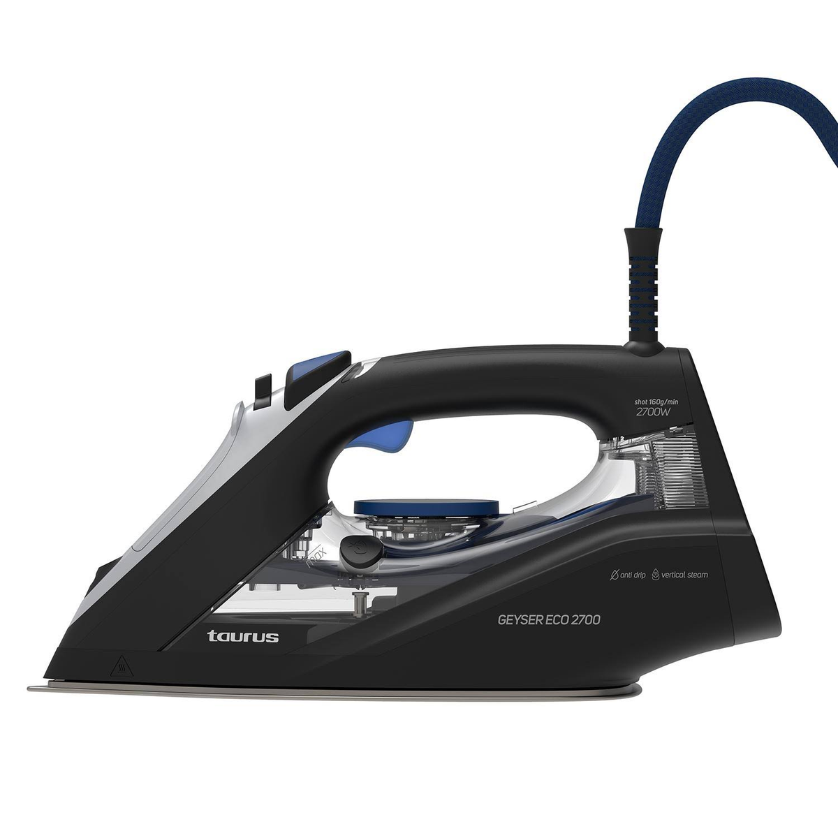 Una plancha negra y plateada con cable azul, sobre fondo blanco. La marca es Taurus.
