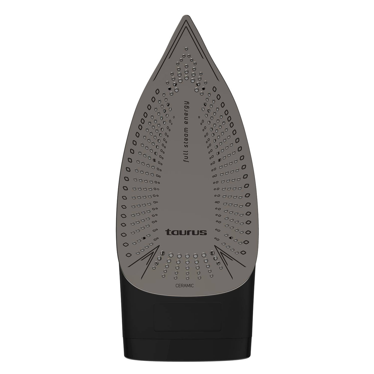 Suela de plancha, gris, logotipo de Taurus. Base negra. Fondo blanco.