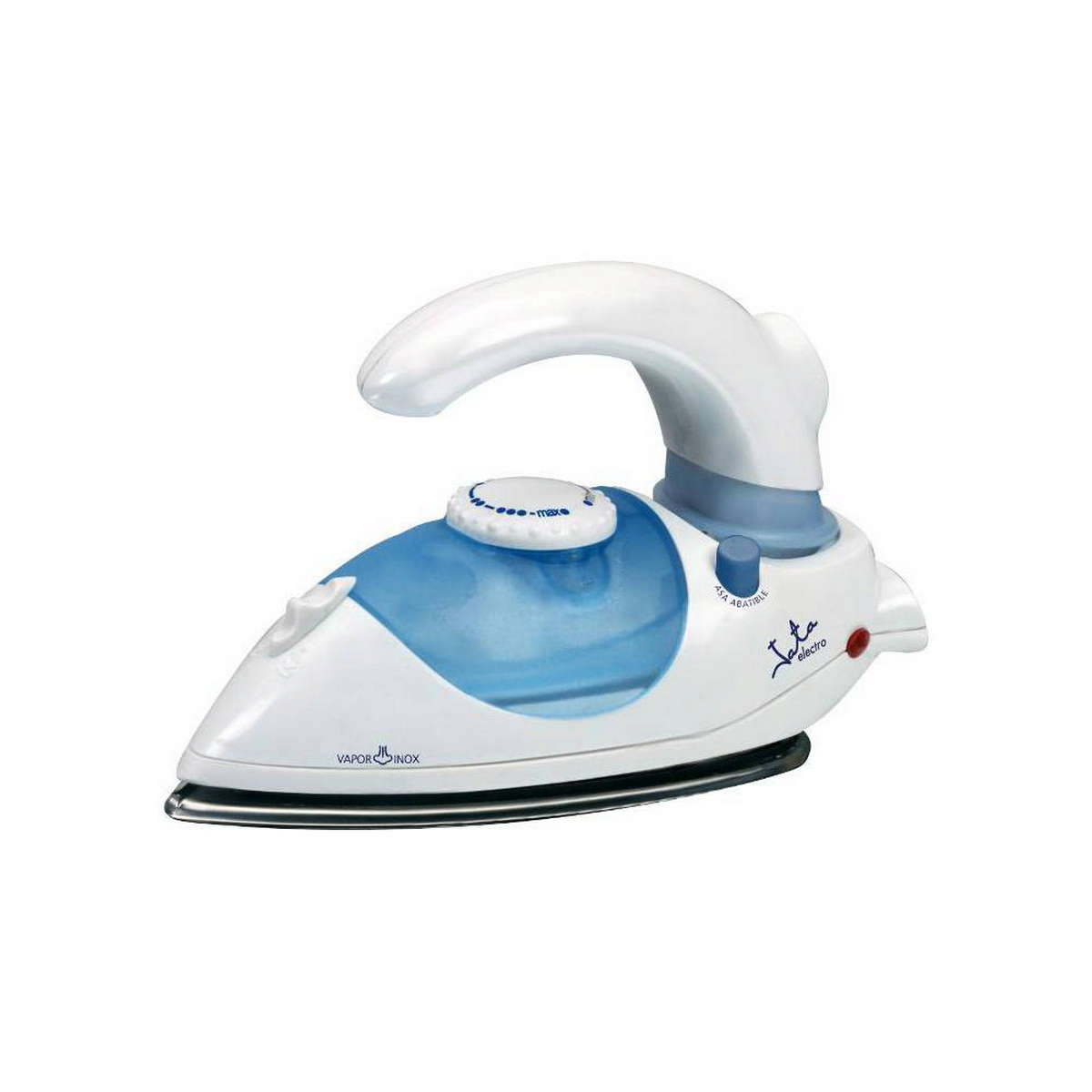 Plancha blanca y azul, con depósito de agua y dial. Se encuentra sobre una superficie blanca.