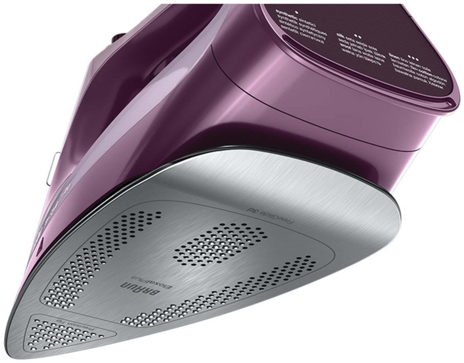 Ferro da stiro viola con base argentata, angolato verso l'alto. Il logo Braun è visibile sulla base.