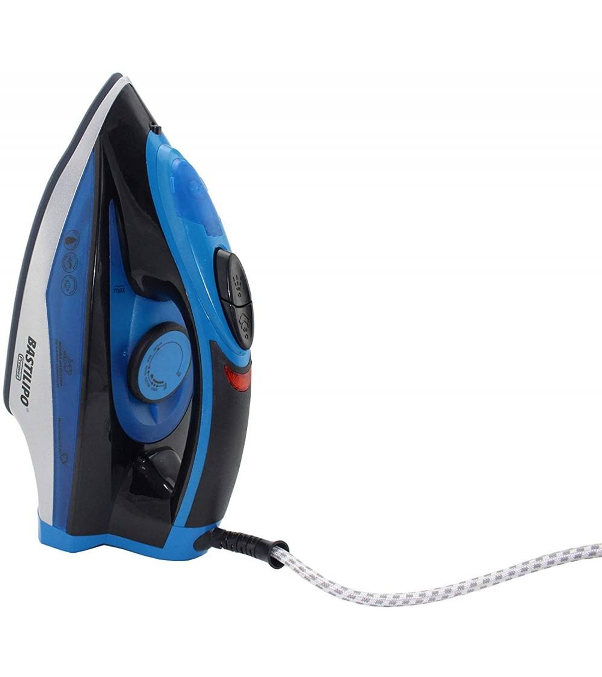 Plancha azul y negra. Cable extendiéndose hacia la derecha. Fondo blanco.