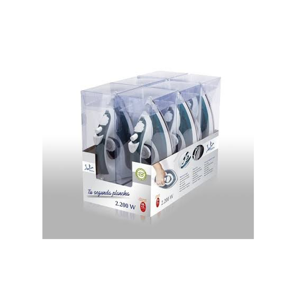 Gablota z żelazkami. Żelazka są w przezroczystych plastikowych opakowaniach. Tekst: Twoje drugie żelazko, 2.200 W.