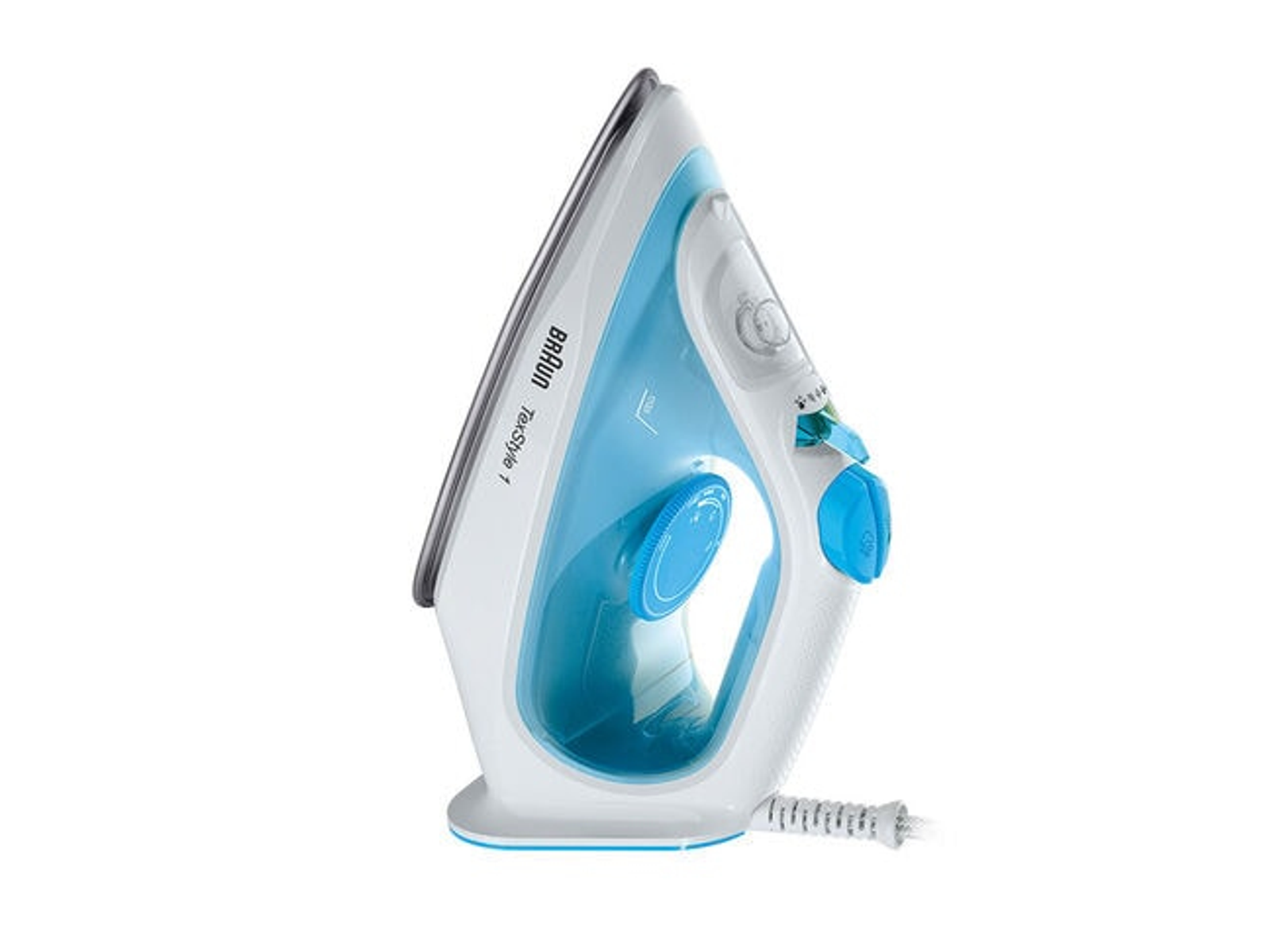 Niebieskie i białe żelazko parowe. Widoczny model Braun TexStyle 1.