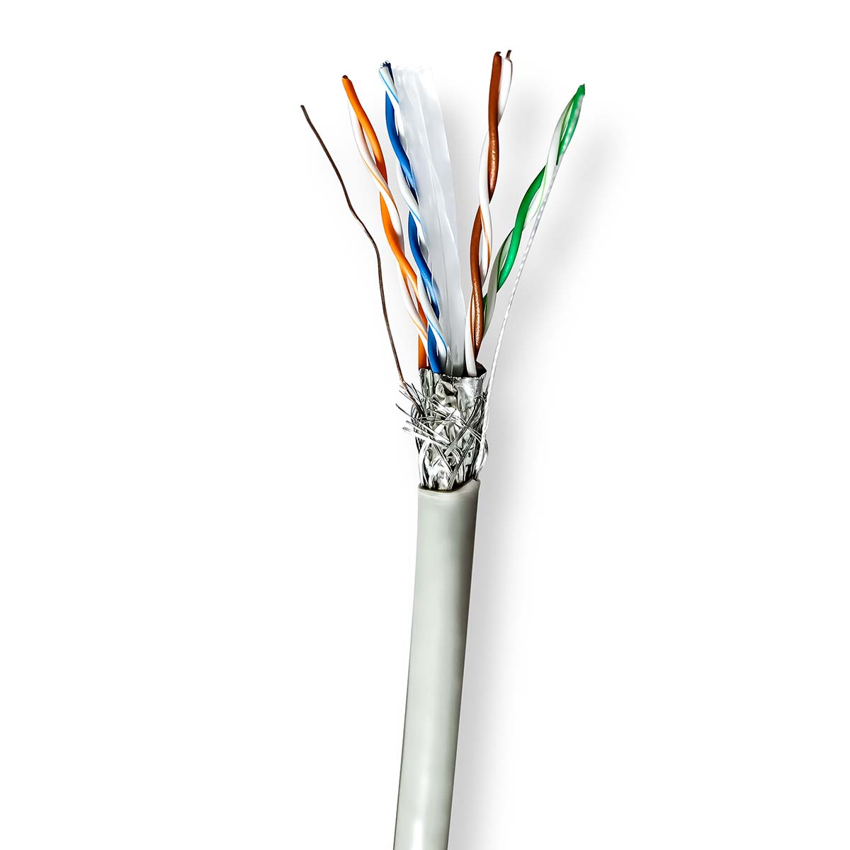 Aufgeschnittenes Ethernet-Kabel mit freiliegenden Drähten. Farben: Blau, Orange, Grün, Braun, Weiß. Hintergrund: Weiß.