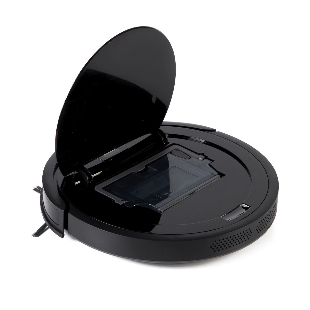 Czarny odkurzacz automatyczny z otwartą pokrywą, odsłaniający pojemnik na kurz. Białe tło.