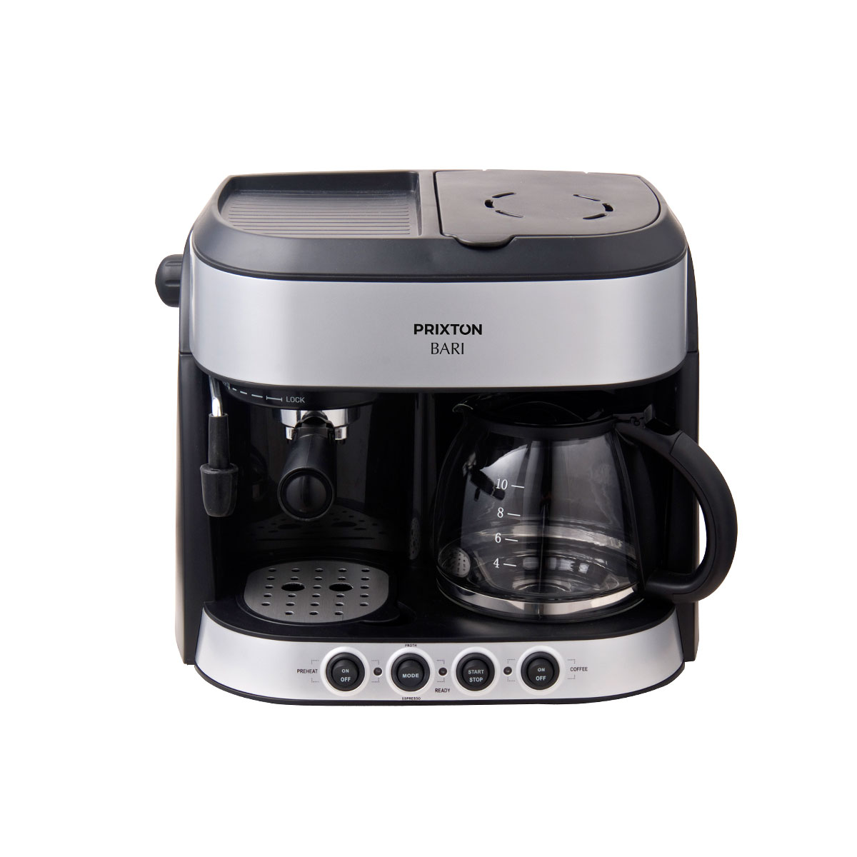 Czarny i srebrny ekspres do kawy ze szklaną karafką i kilkoma przyciskami. Napis 'PRIXTON BARI'.