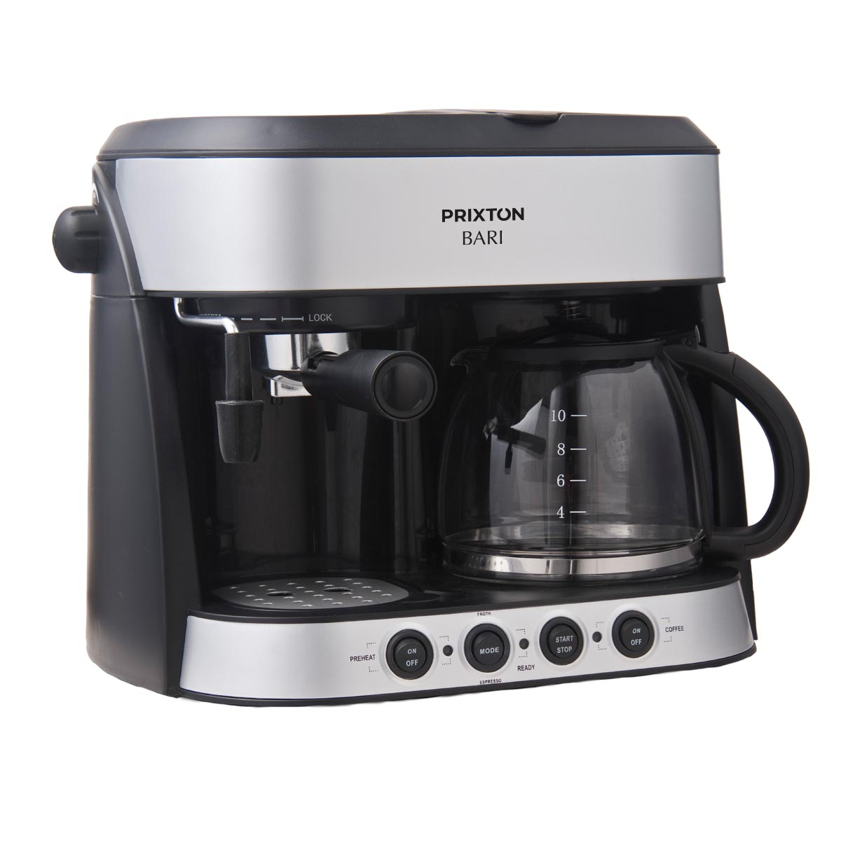 Ekspres do kawy. Posiada szklany dzbanek, srebrne akcenty i wiele przycisków do różnych funkcji.