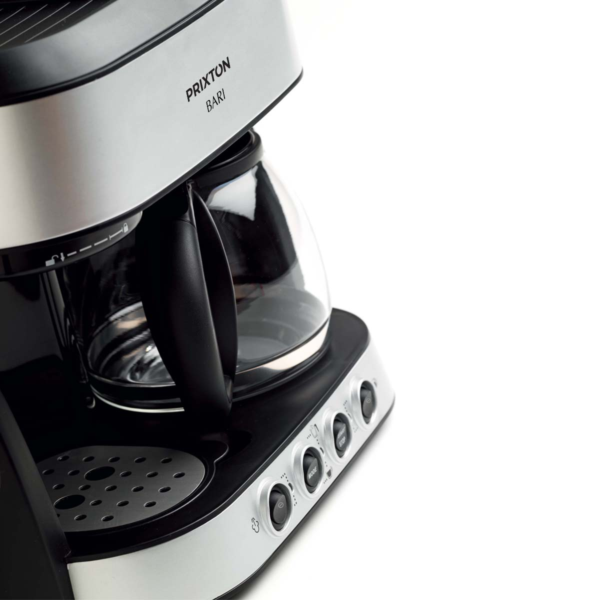 Ekspres do kawy ze szklaną karafką, czarno-srebrny design, z przyciskami sterowania.