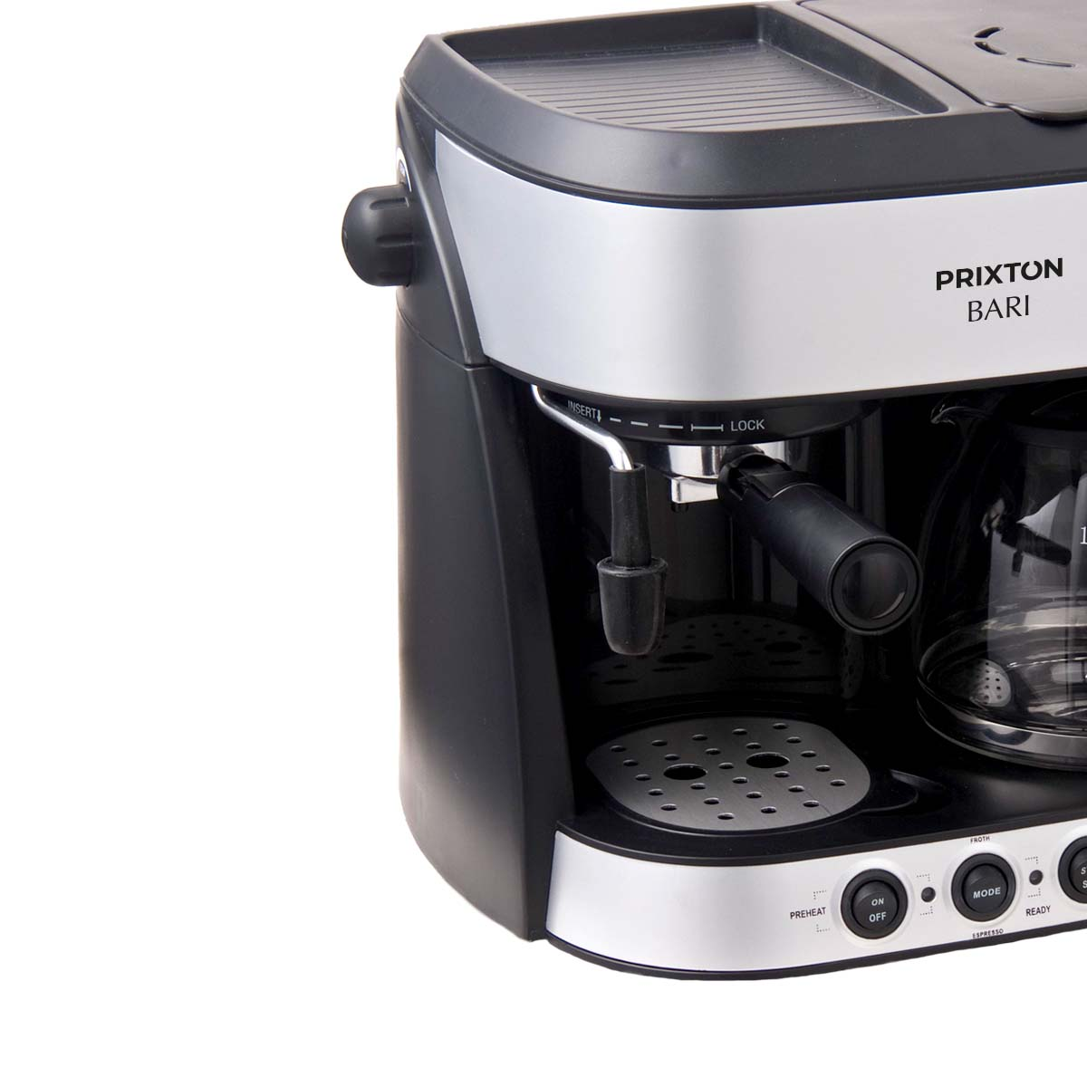Ekspres do kawy, czarny i srebrny. Widoczne przyciski i słowo BARI. Białe tło.