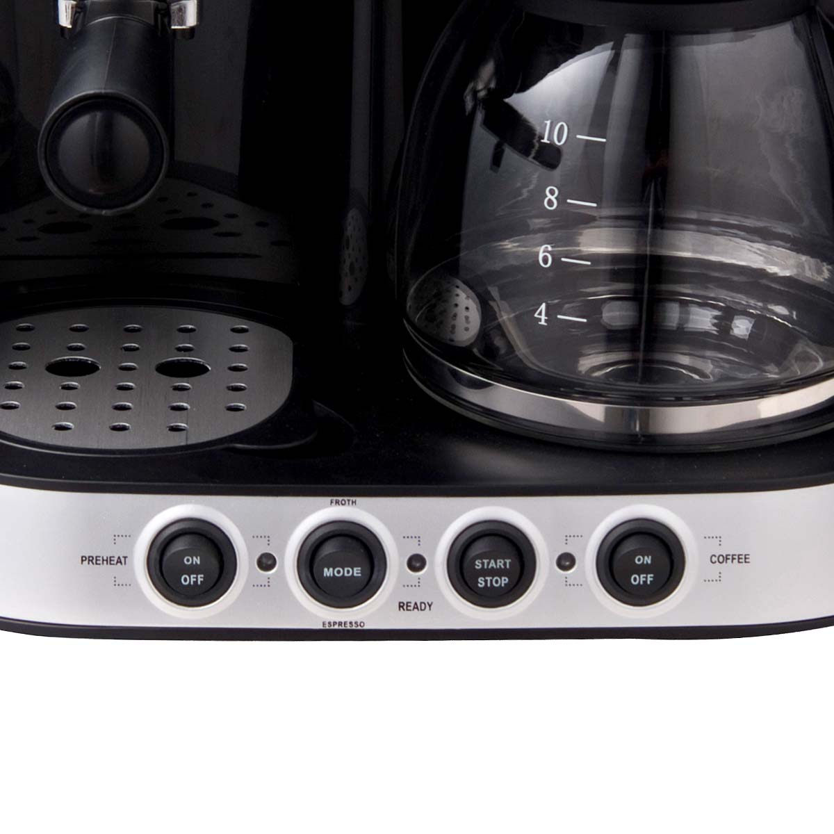Czarny i srebrny ekspres do kawy z przyciskami. Zawiera ekspres do kawy i ekspres do espresso.
