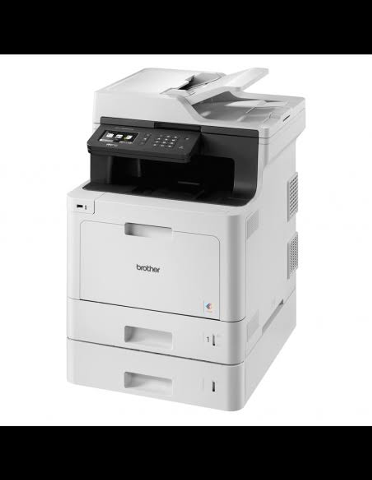 Weißer Brother Multifunktionsdrucker mit Scanner, Papierfächern und Bedienfeld.