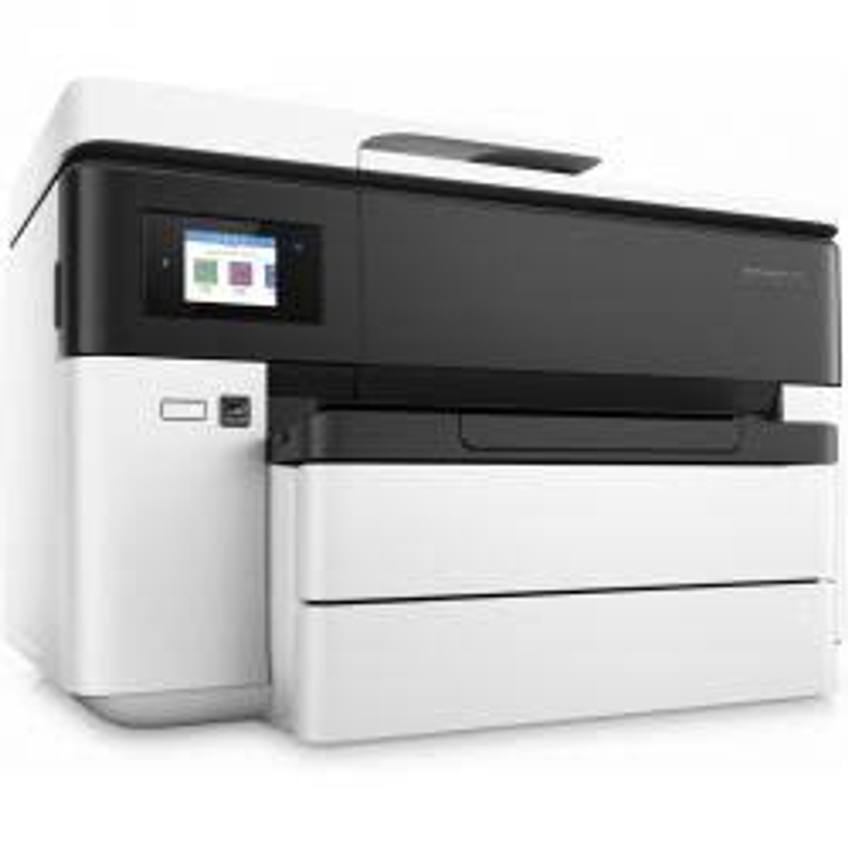 Weiß-schwarzer Drucker mit Touchscreen-Display und Papierfach. Weißer Hintergrund.