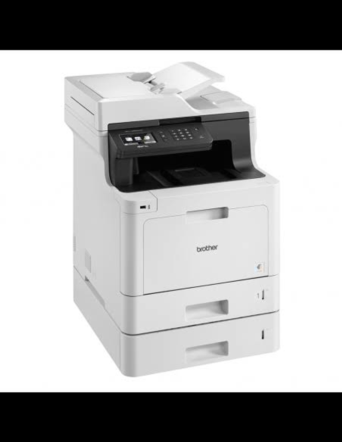Weißer Brother-Drucker, Oberseite mit Scanner und Bedienfeld, darunter zwei Papierfächer.