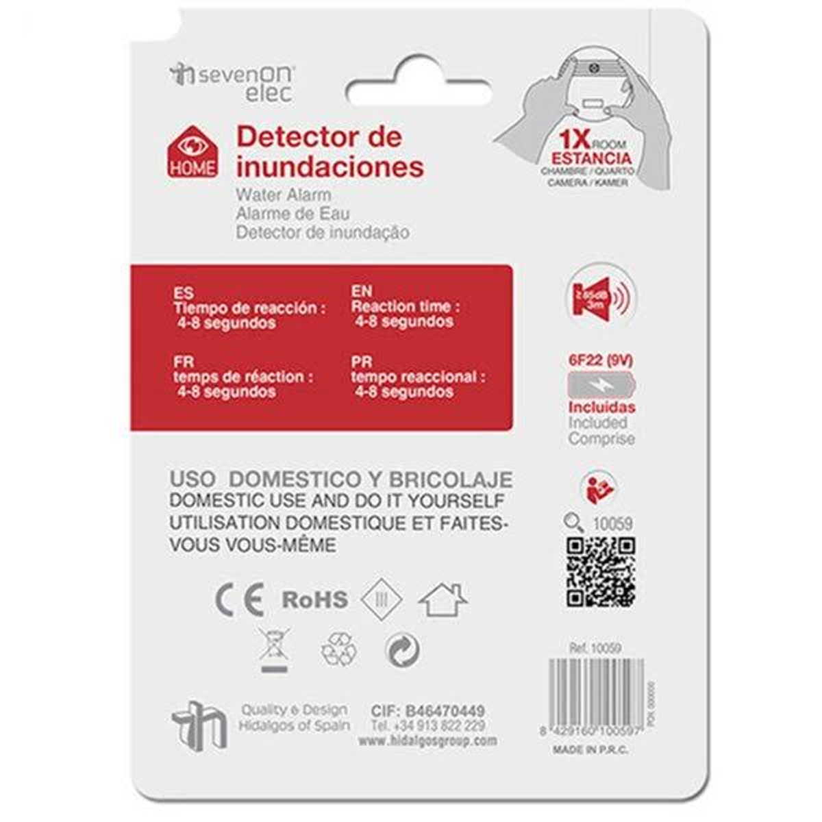 Etiqueta de producto con texto en varios idiomas, incluyendo una alarma de agua.