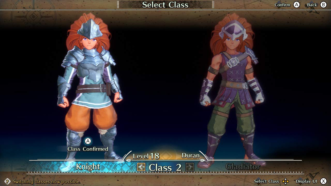 Due personaggi in un gioco, Cavaliere e Gladiatore, sono visualizzati su schermo per la selezione della classe.