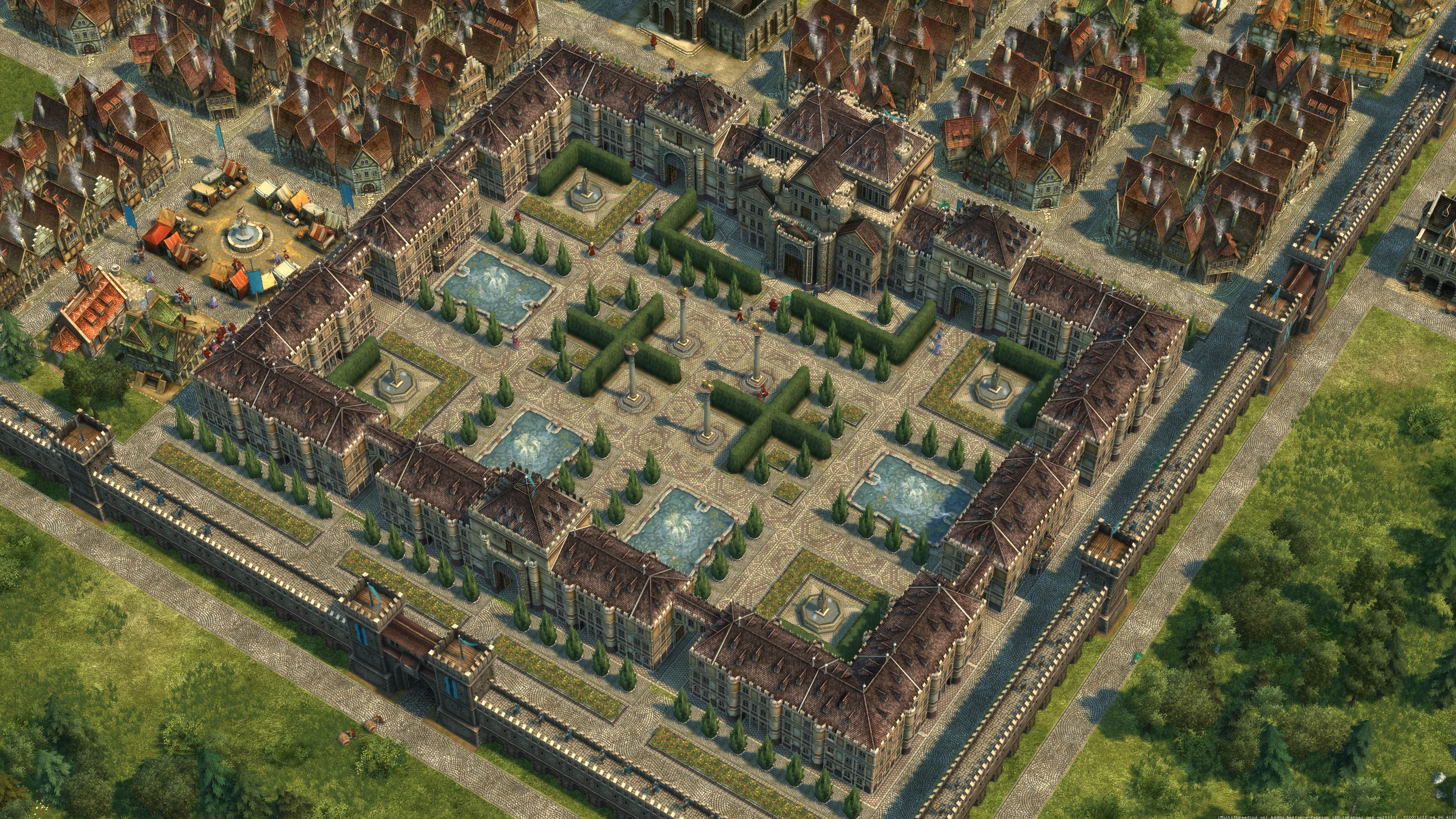 Vogelperspektive einer großen Stadt mit Gebäuden, Gärten und Mauern, die einer mittelalterlichen Stadt ähnelt.