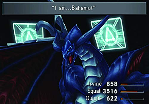 Ein blauer Drache mit Textblasen aus einer Videospielszenen. Der Text lautet: „Ich bin...Bahamut“.